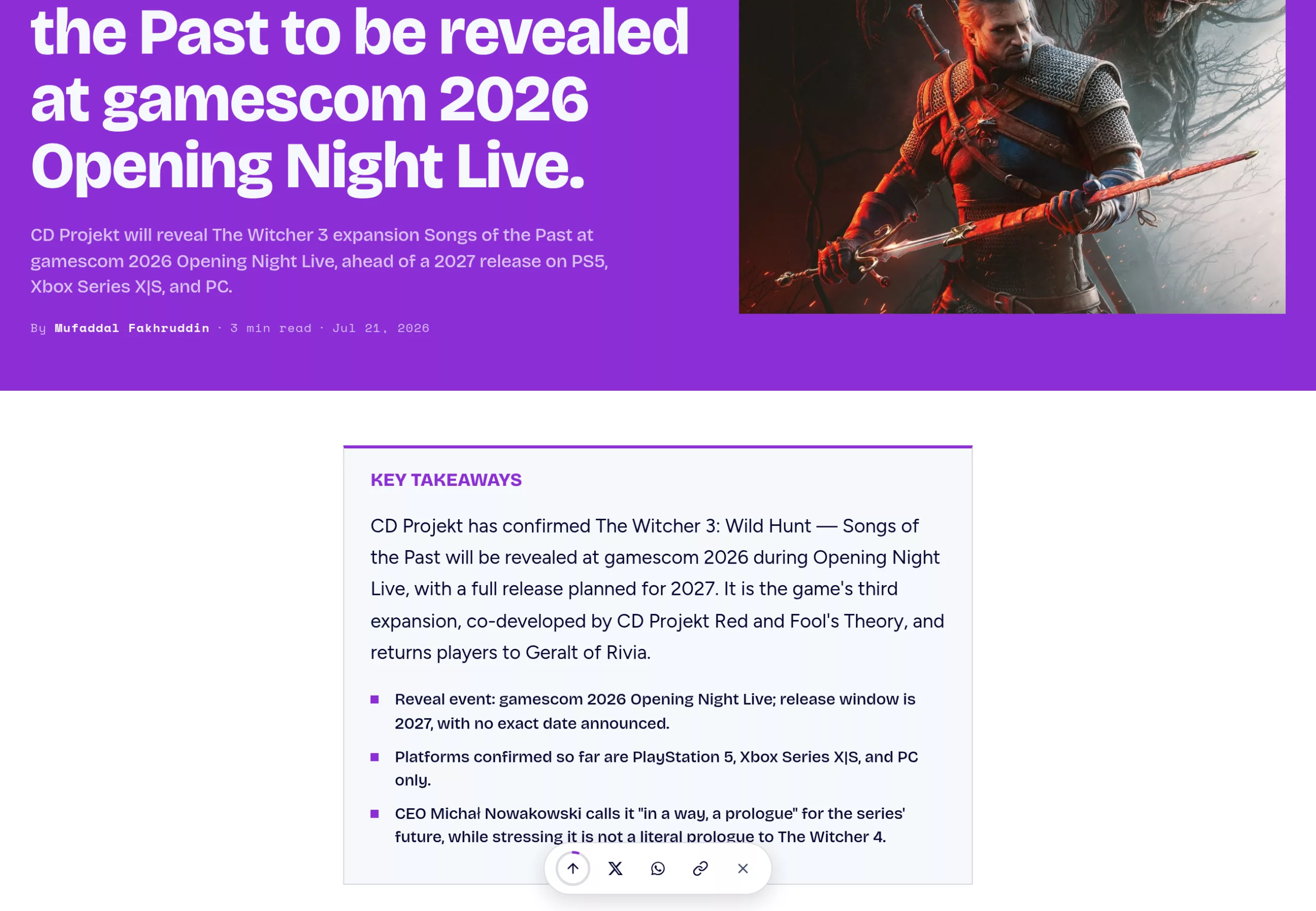 Annonce de la révélation de Songs of the Past à l'Opening Night Live de la gamescom 2026