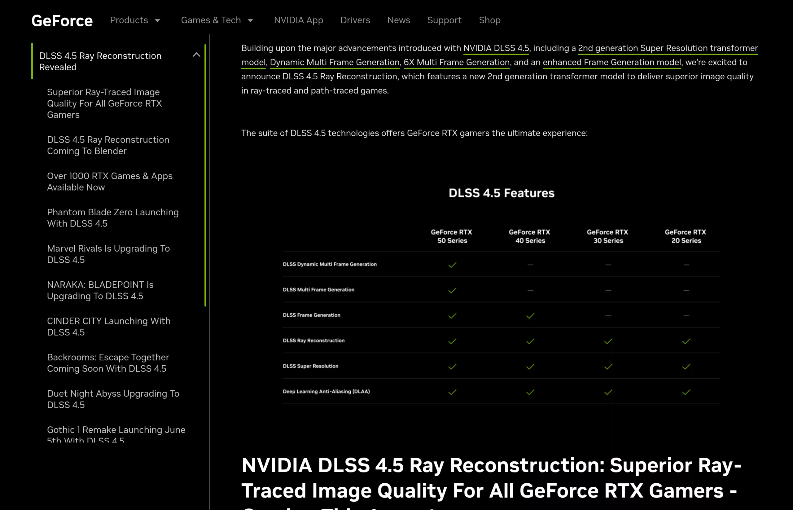 Tableau officiel NVIDIA des fonctionnalités DLSS 4.5 par série de GeForce RTX