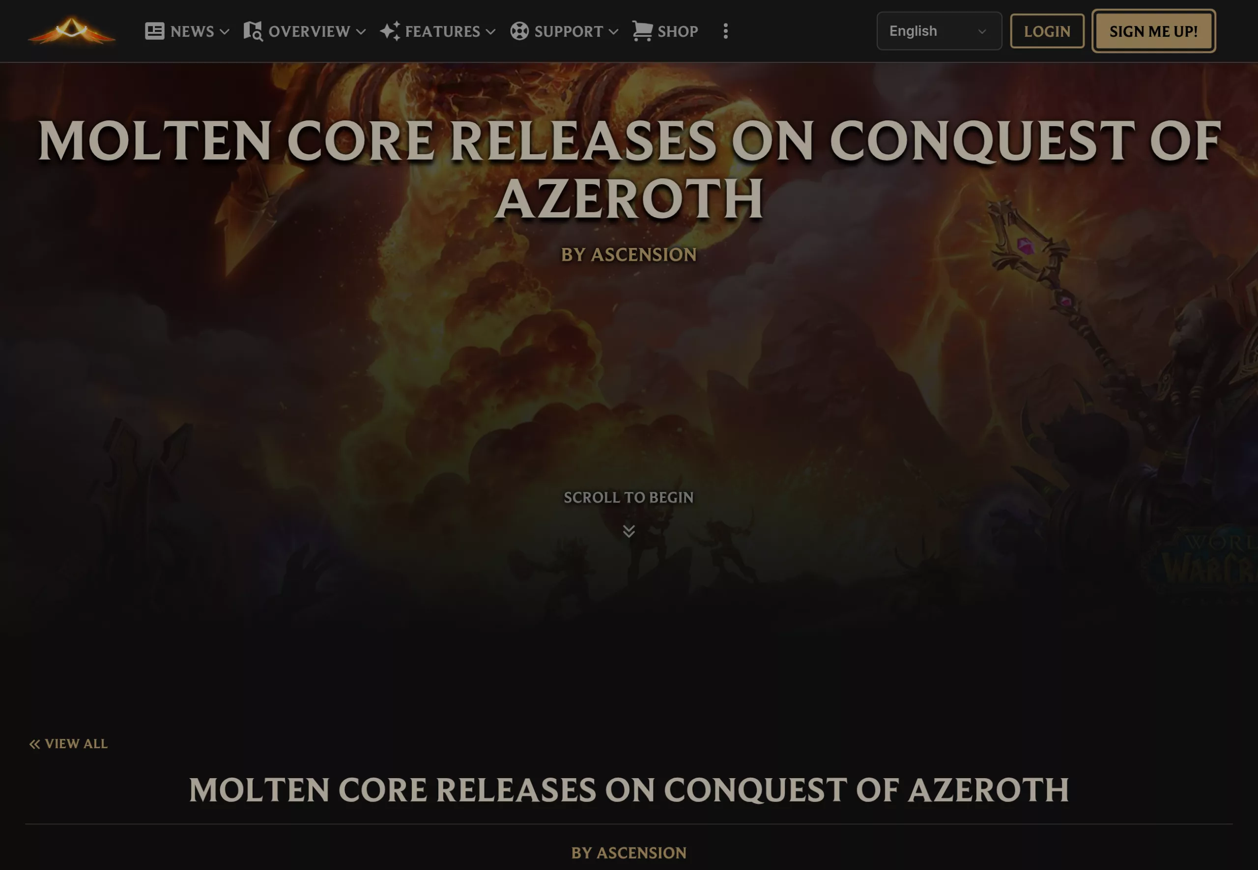 Page d'annonce officielle de Molten Core sur le site Ascension