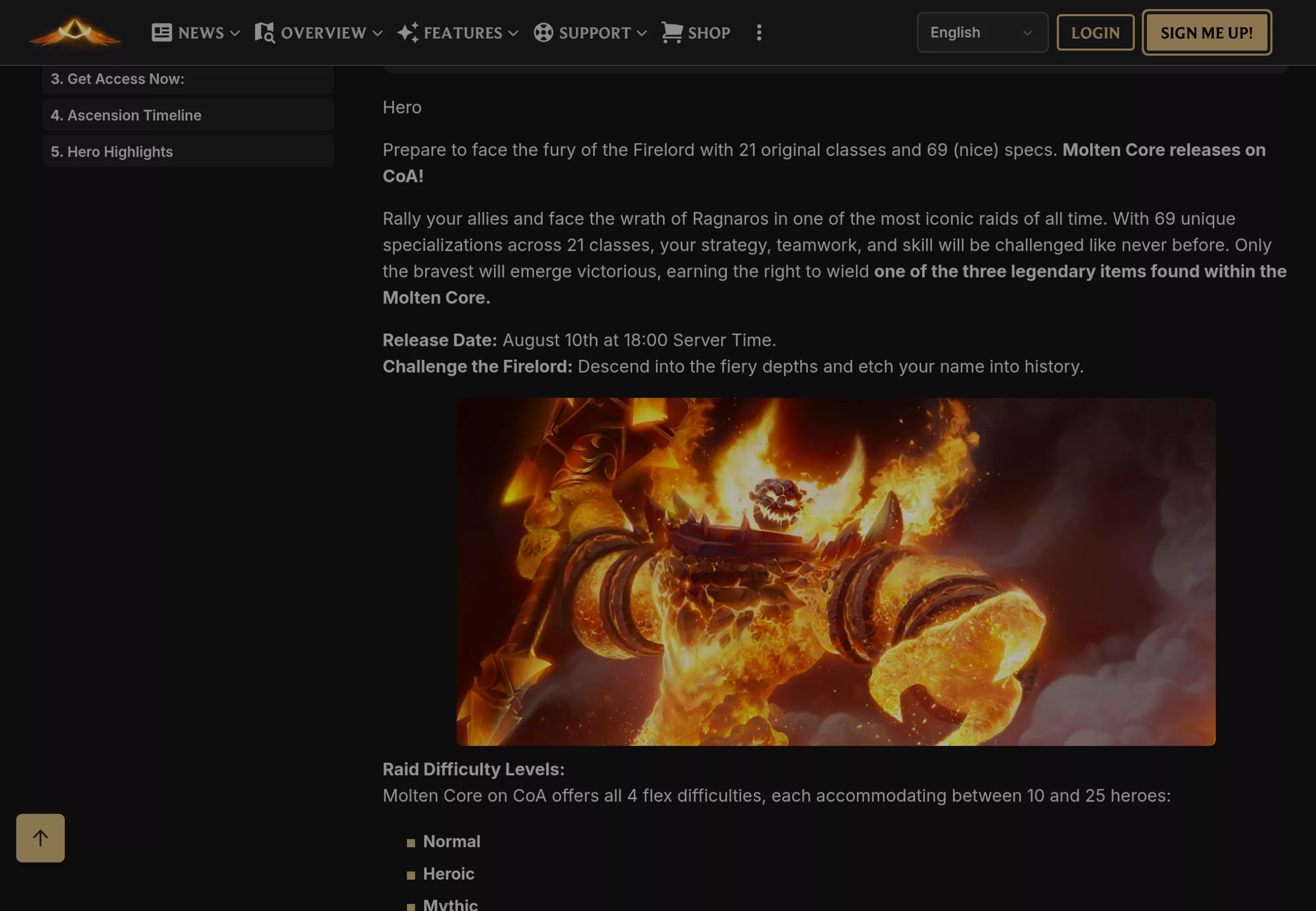 Annonce officielle de la sortie de Molten Core sur Conquest of Azeroth, avec la date et les difficultés