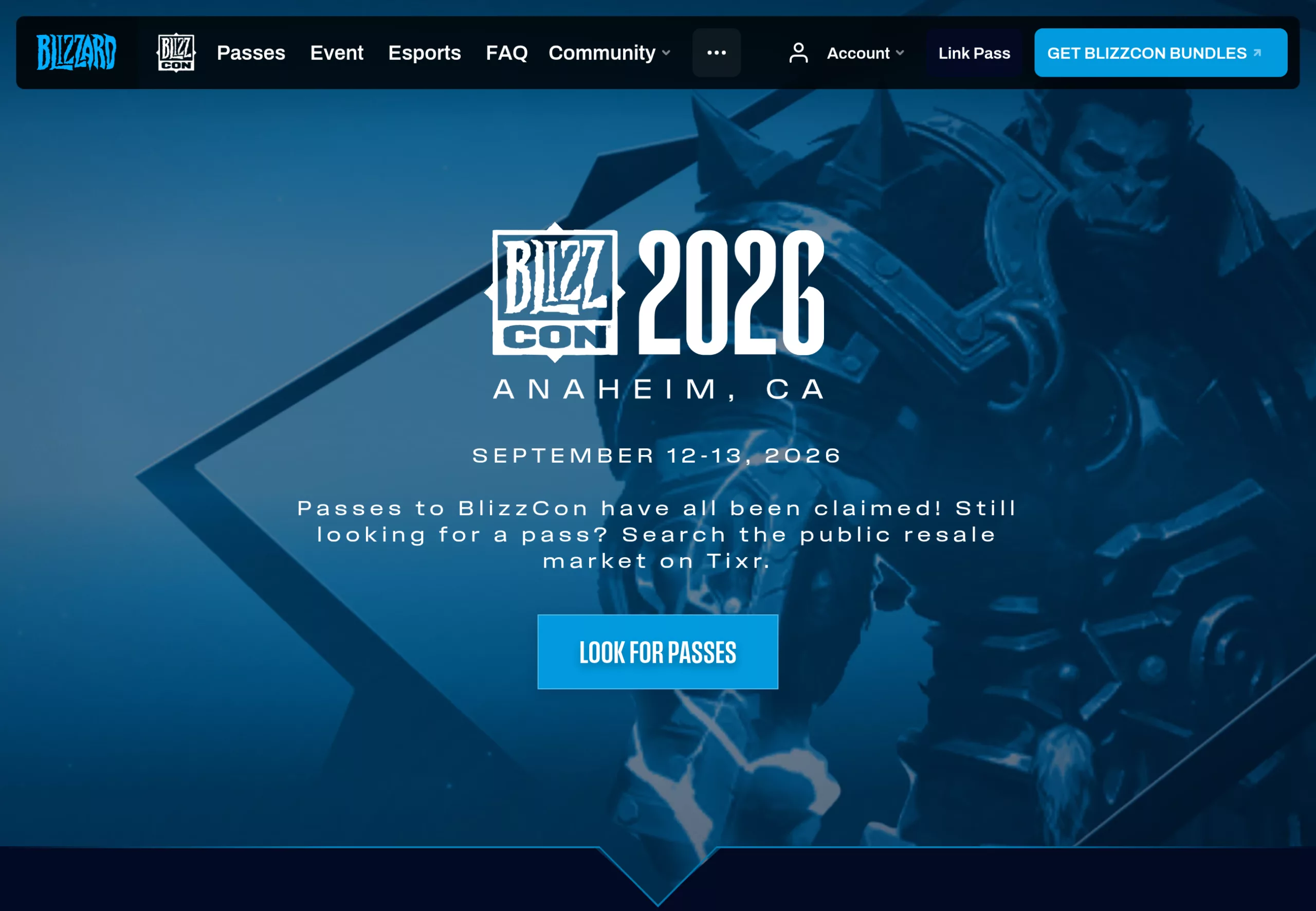 Page officielle de la BlizzCon 2026 annonçant que tous les passes ont été réclamés