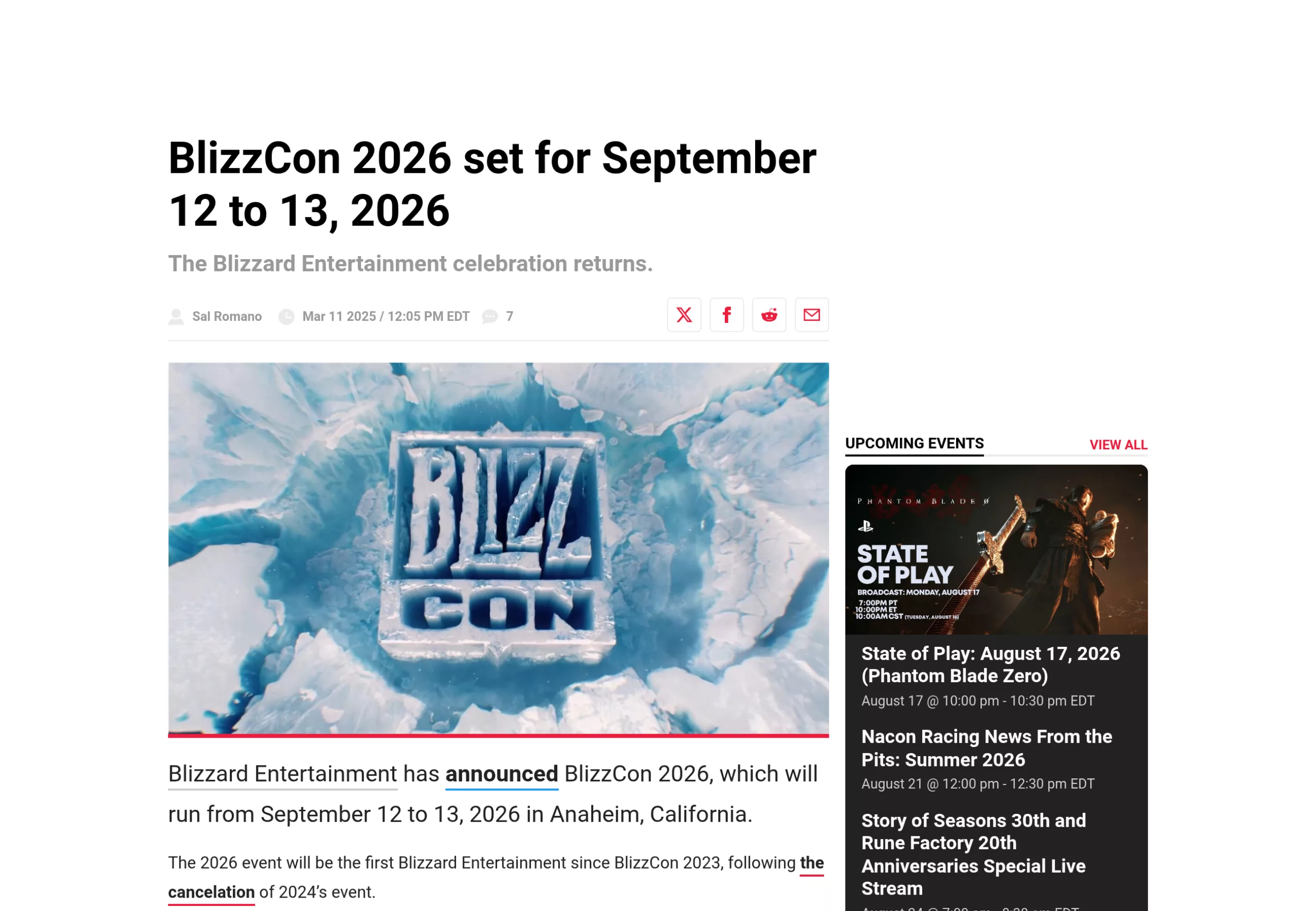 Article annonçant les dates de la BlizzCon 2026, première édition depuis 2023