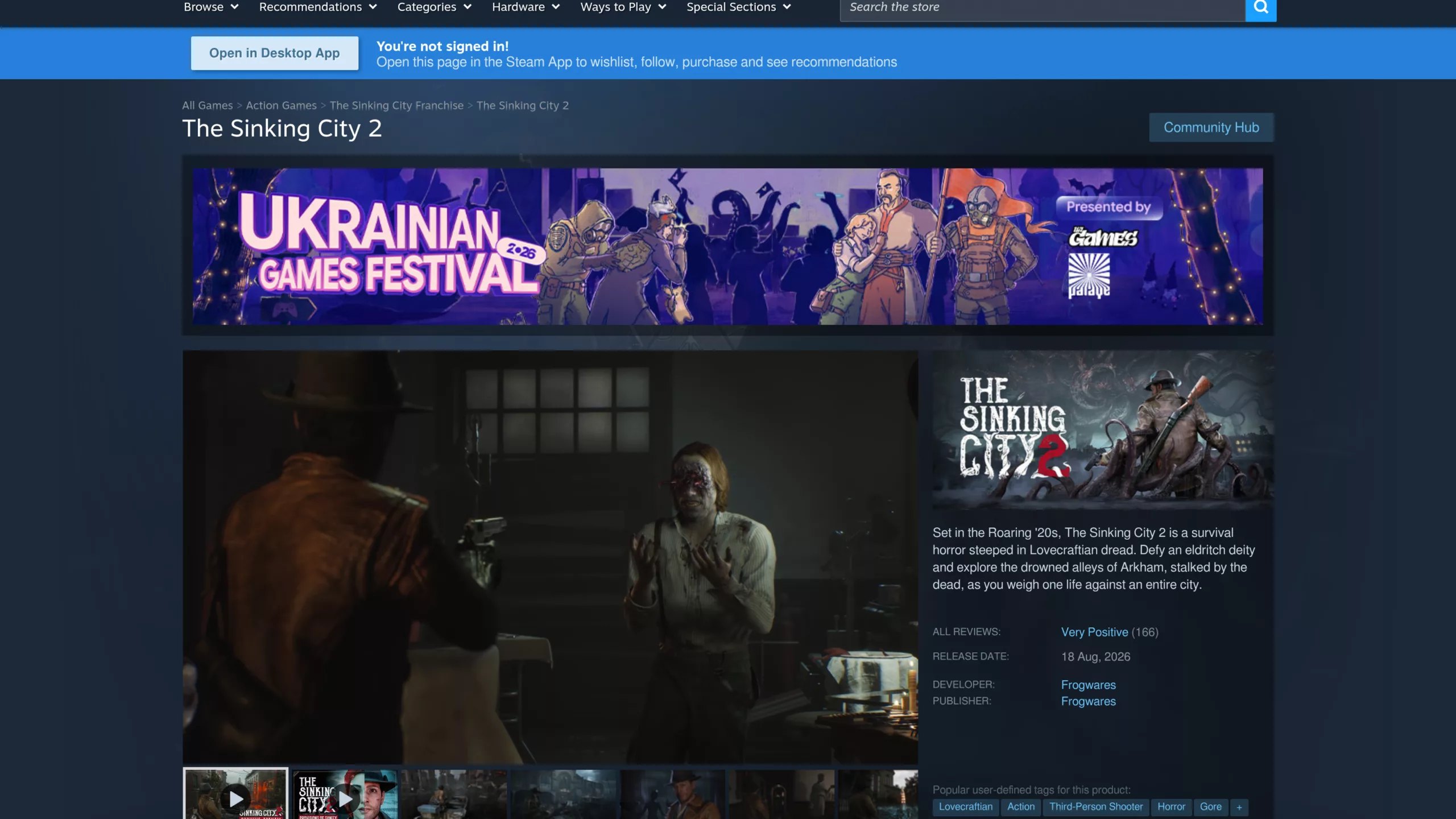 Fiche Steam de The Sinking City 2 avec la bannière Ukrainian Games Festival