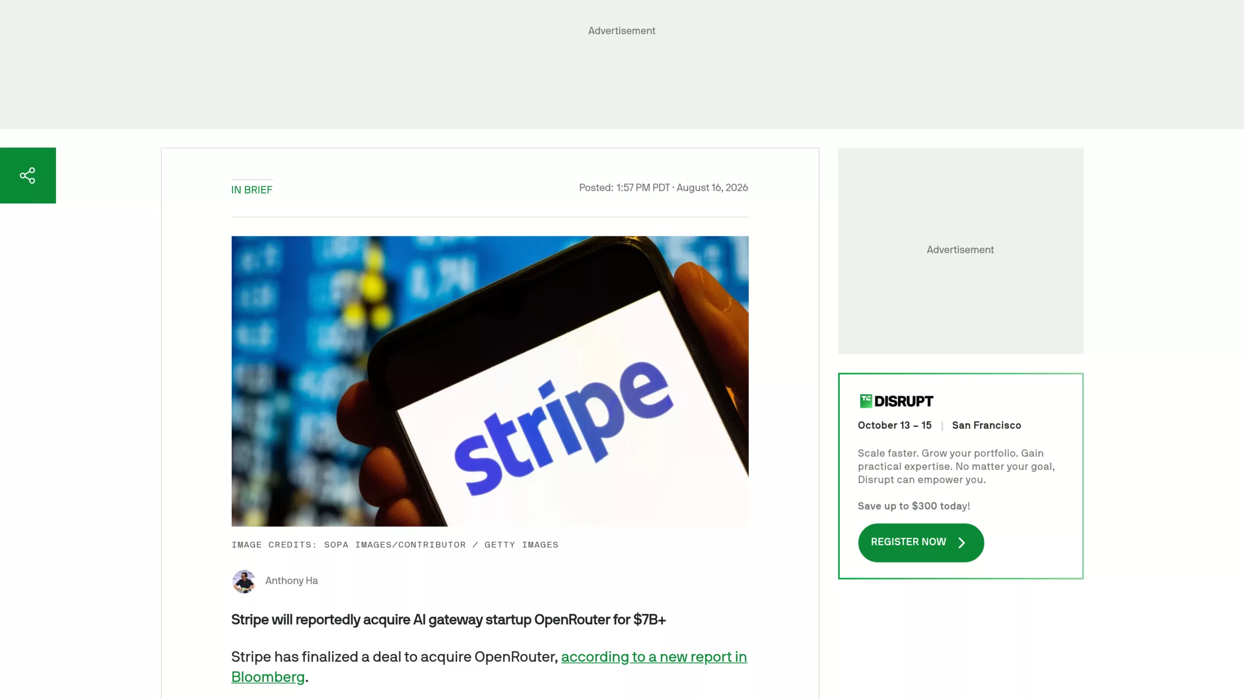 Article TechCrunch sur le rachat d'OpenRouter par Stripe