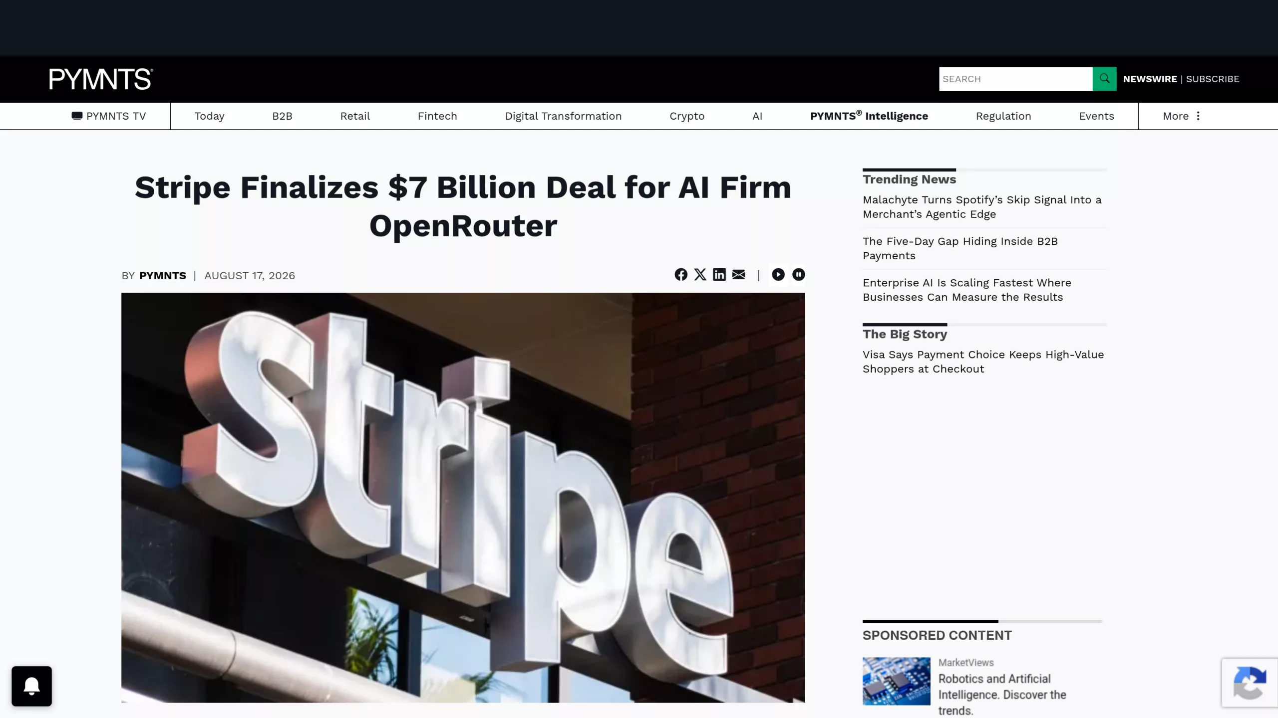 Article PYMNTS sur la finalisation de l'accord Stripe OpenRouter