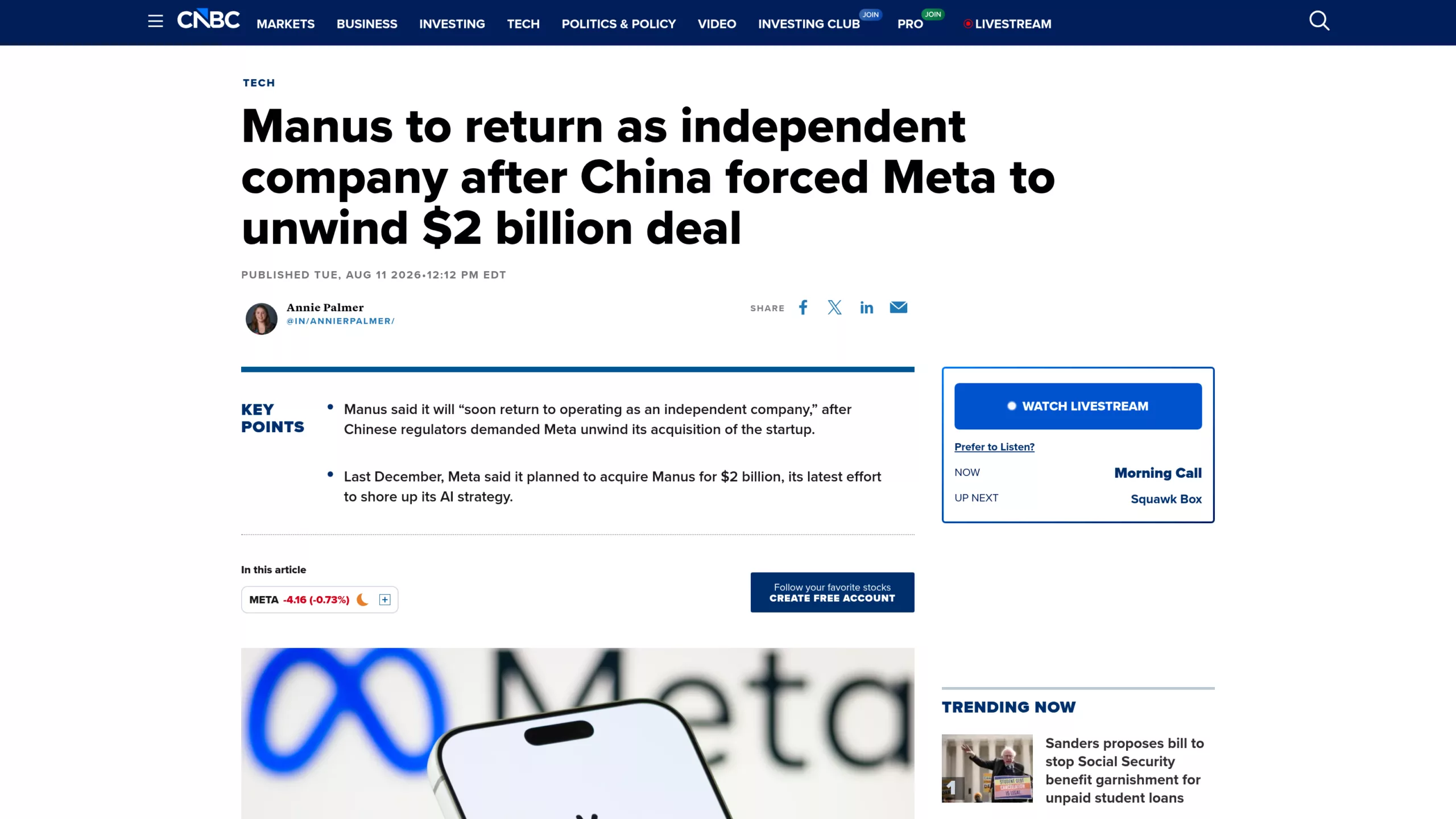 Article CNBC sur le retour à l'indépendance de Manus