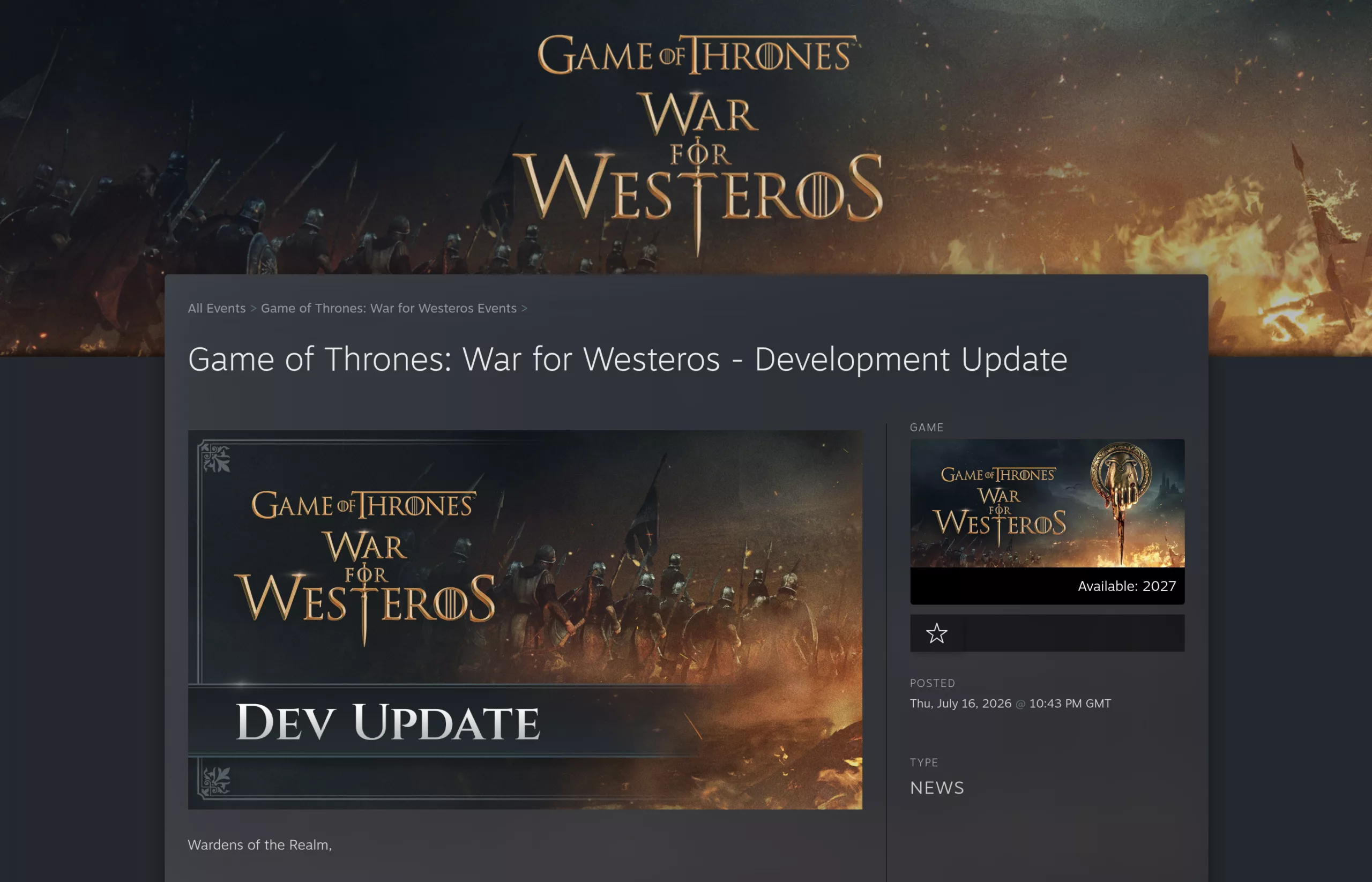 Mise à jour de développement officielle de War for Westeros sur Steam