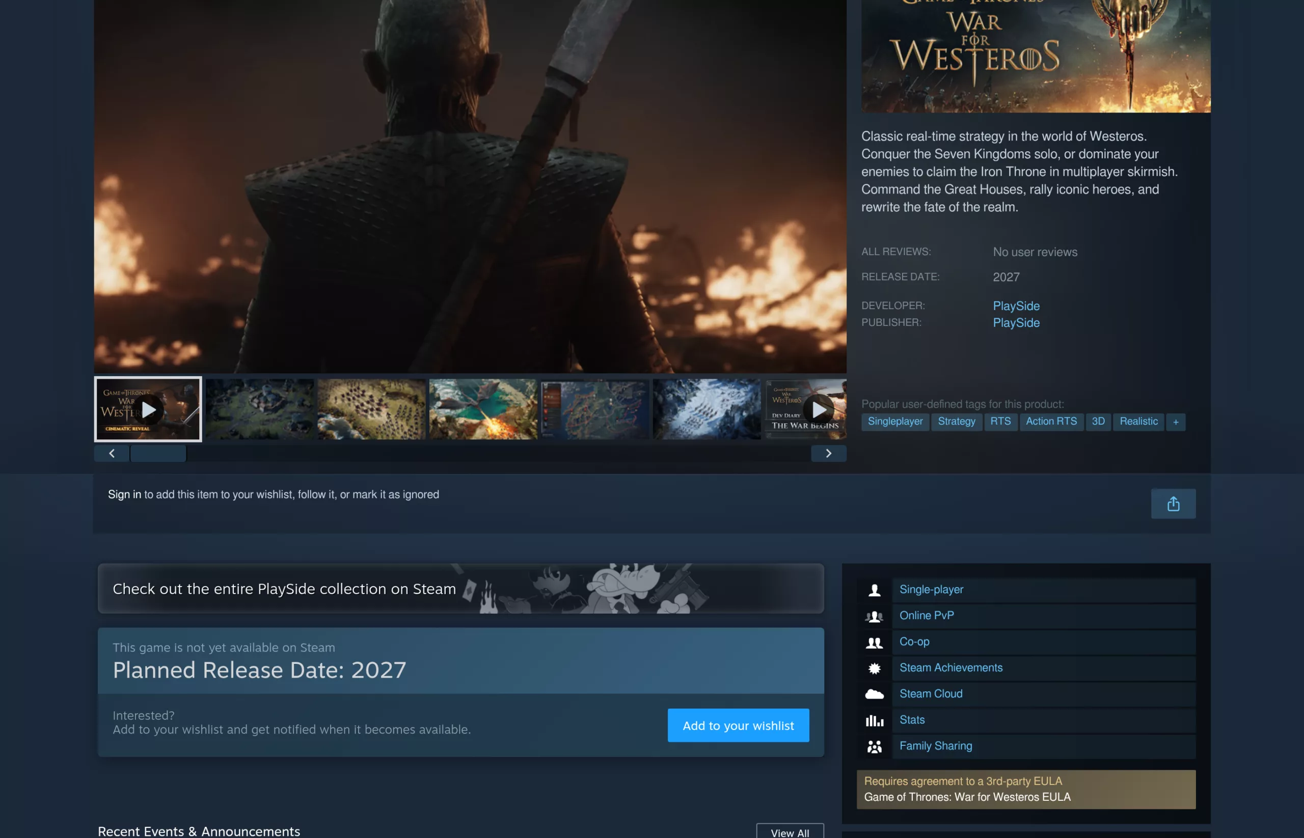 Fiche Steam officielle de Game of Thrones: War for Westeros