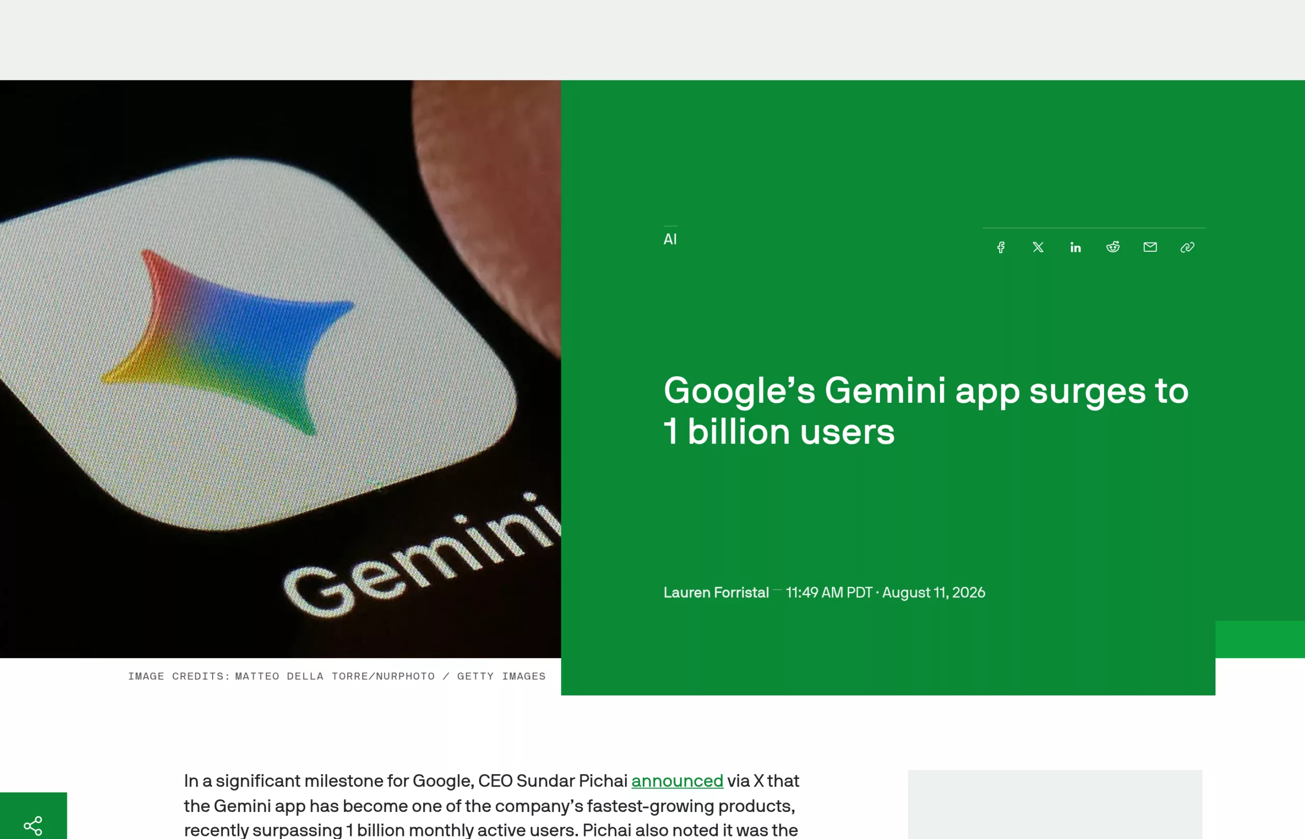 Article TechCrunch sur le milliard d'utilisateurs de Gemini