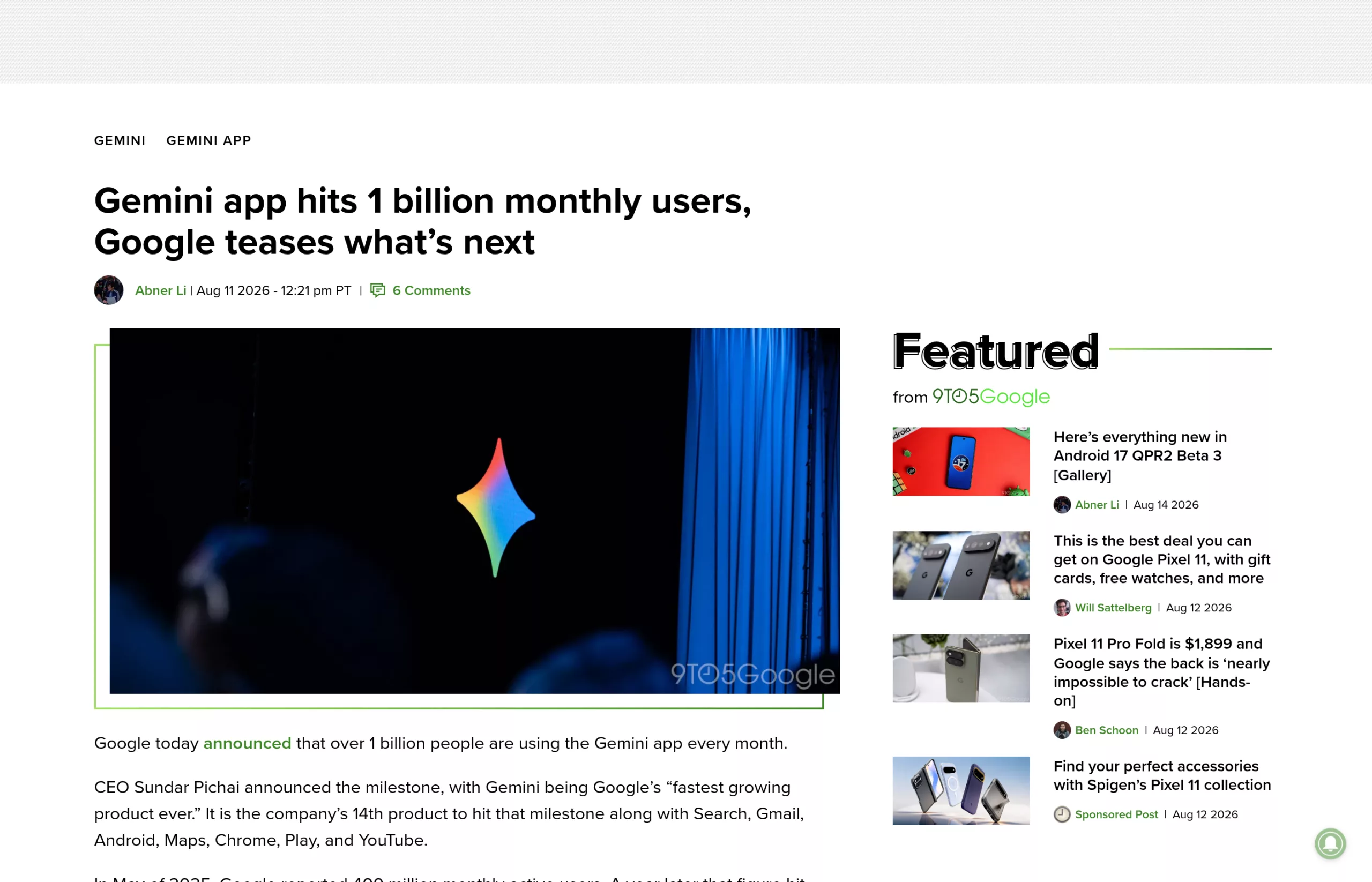 Article de 9to5Google sur le milliard d'utilisateurs de Gemini