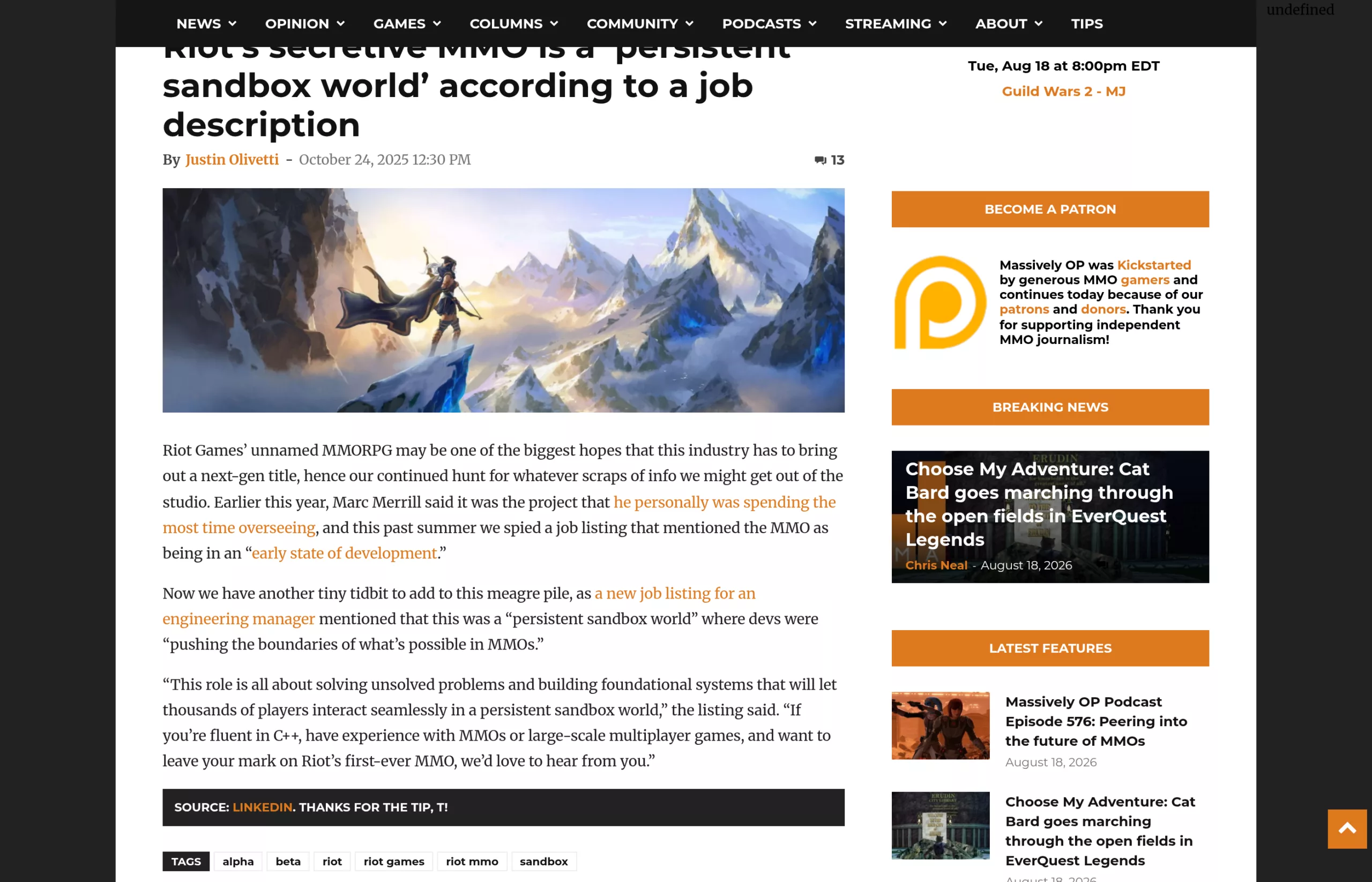 Offre d'emploi Riot mentionnant un monde persistant en bac à sable