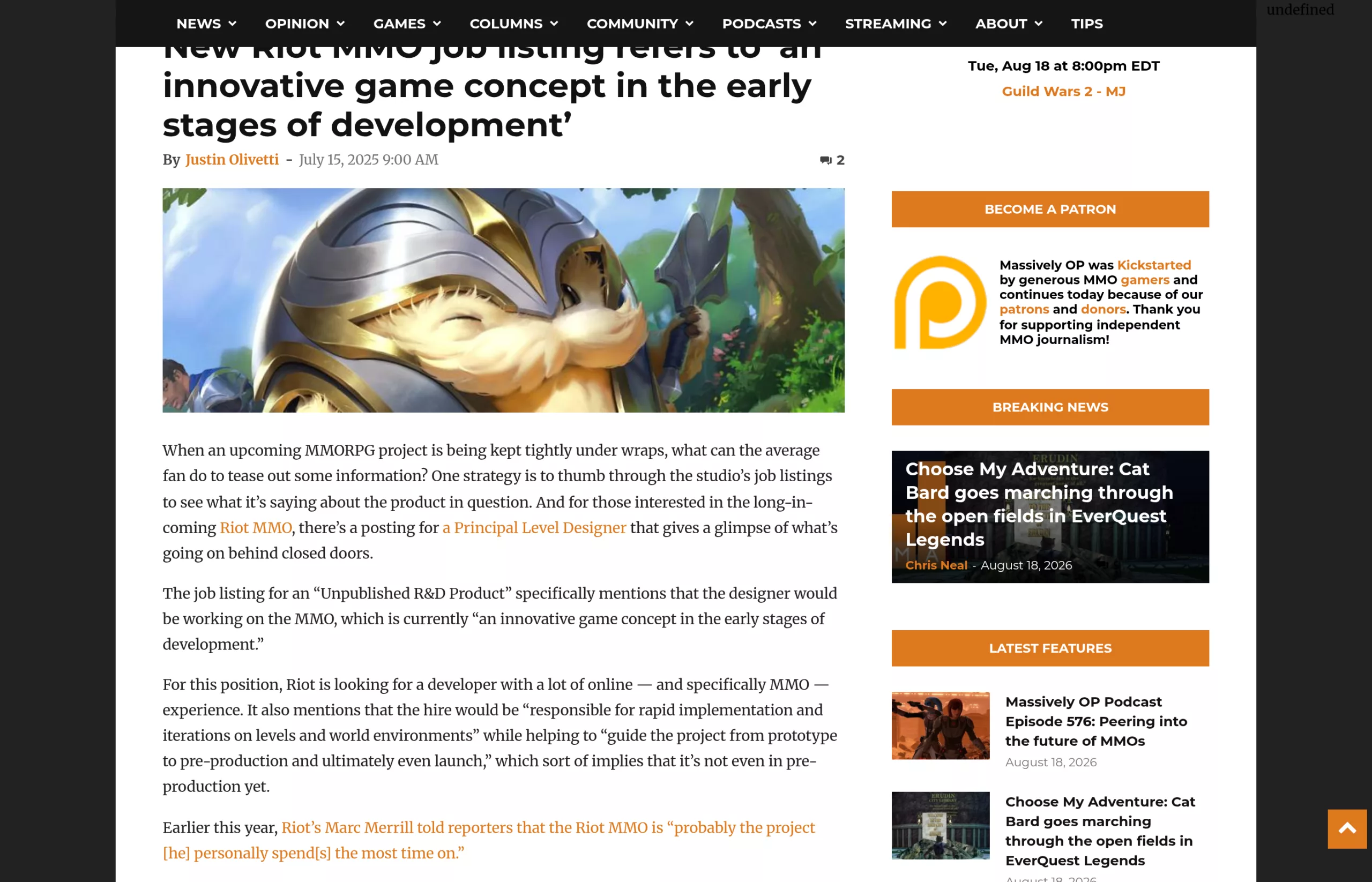 Offre d'emploi Riot évoquant un concept aux premiers stades du développement