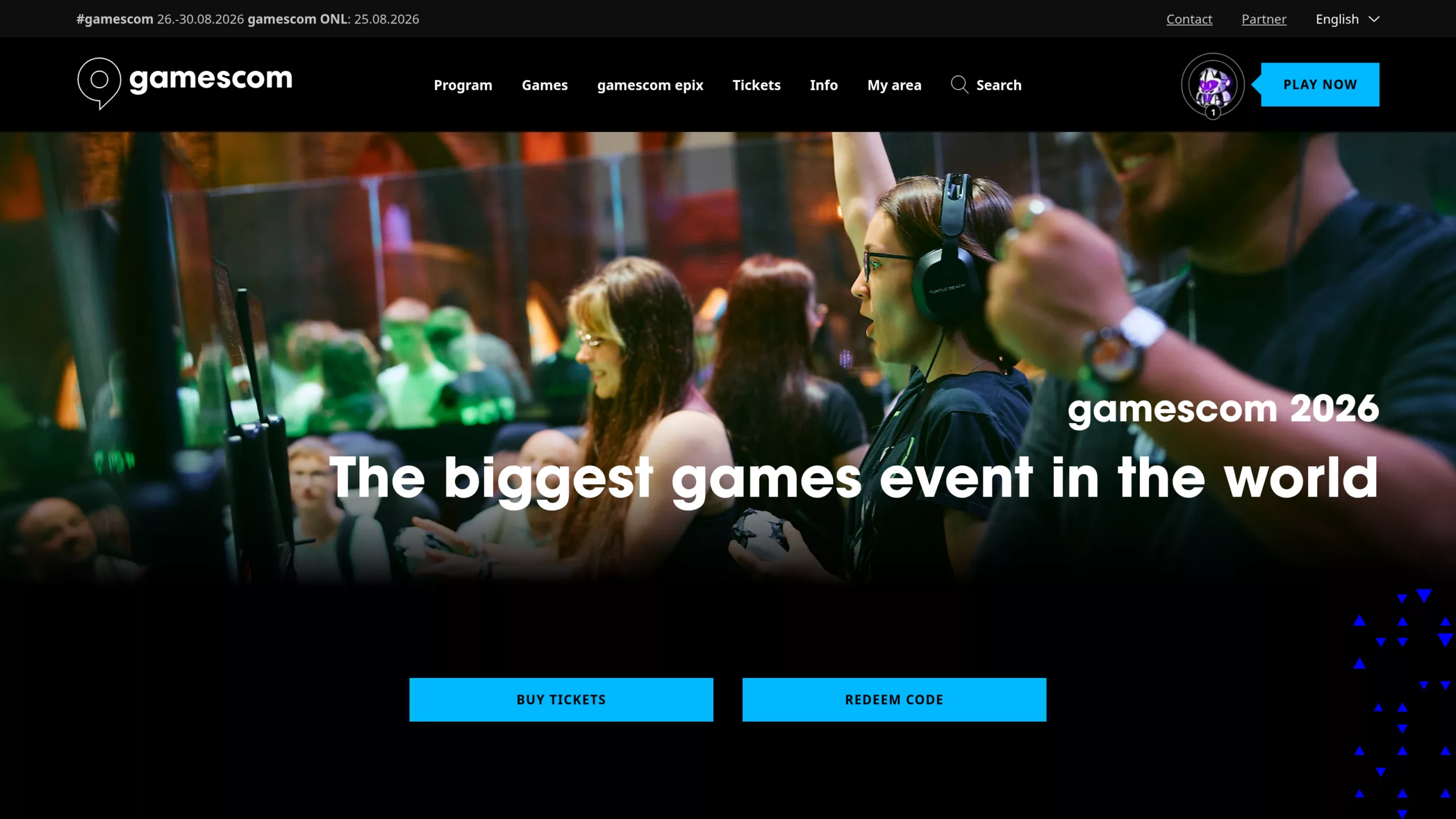 Page d'accueil officielle de gamescom.global affichant les dates du salon et de l'Opening Night Live