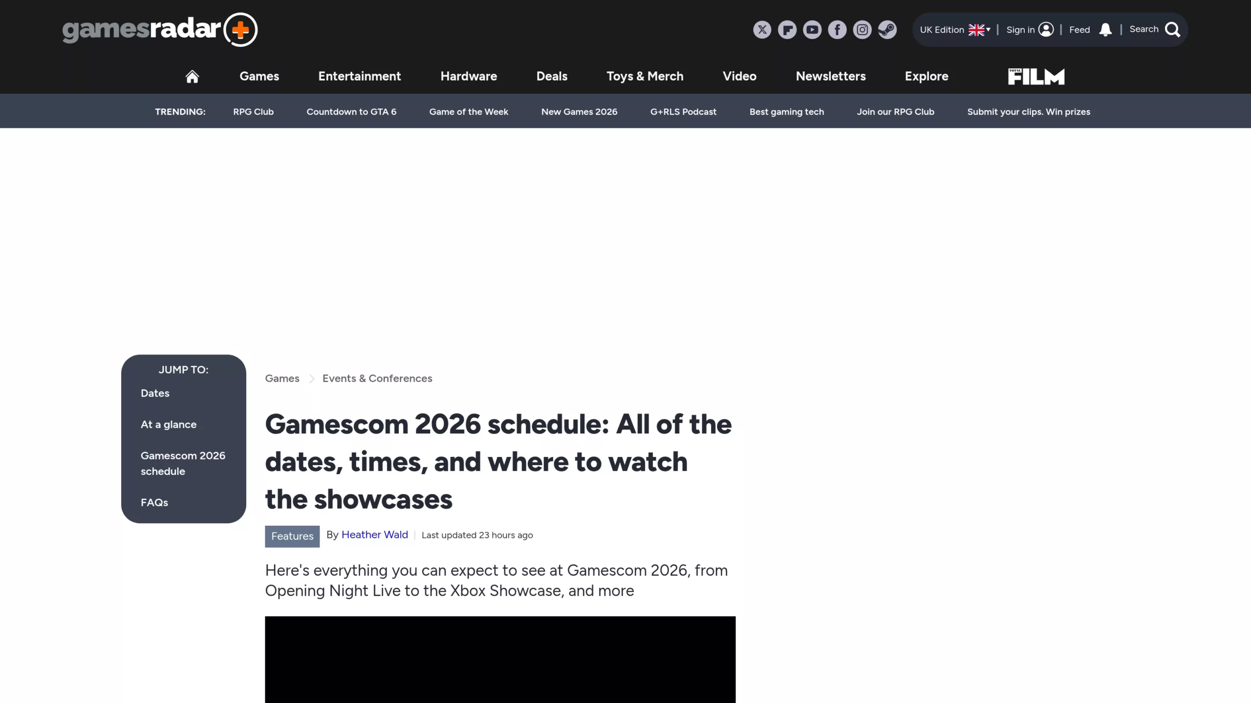 Capture d'écran de l'article GamesRadar+ détaillant le programme complet de la gamescom 2026