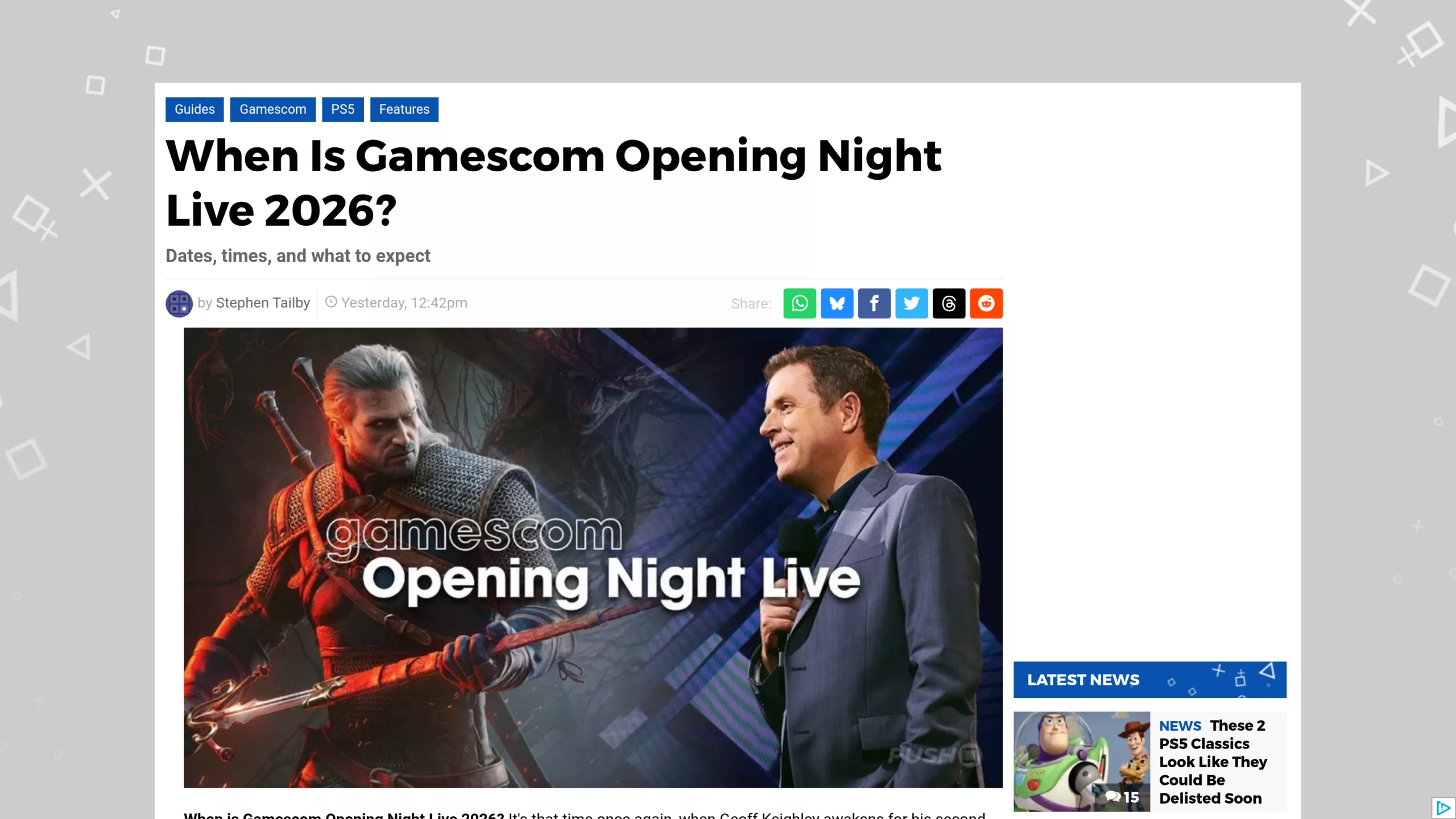 Capture d'écran de l'article Push Square sur les horaires de l'ONL, visuel officiel avec Geoff Keighley et Geralt de Riv