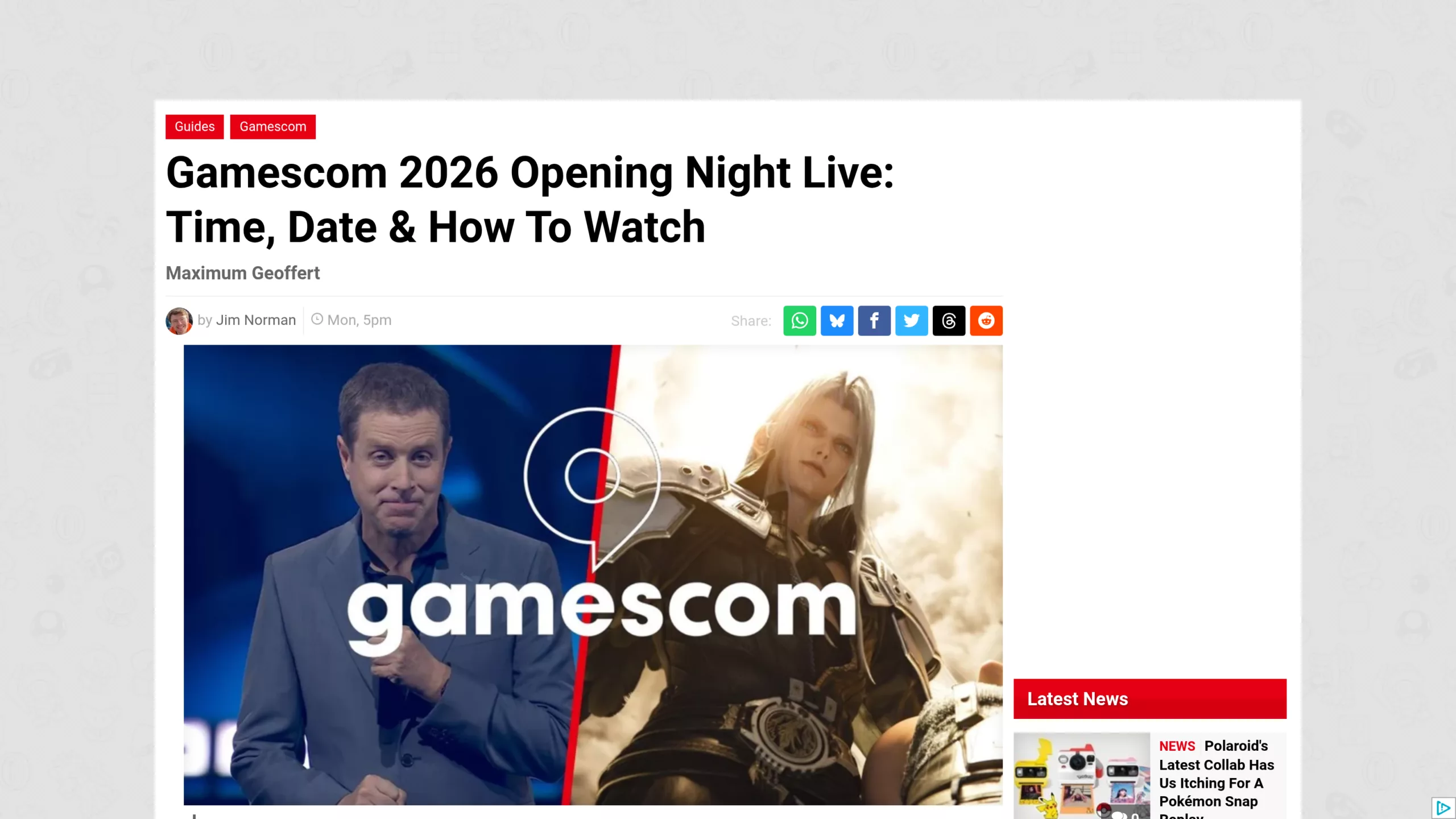 Article de Nintendo Life sur les horaires de l'Opening Night Live 2026, visuel officiel avec Geoff Keighley et Séphiroth