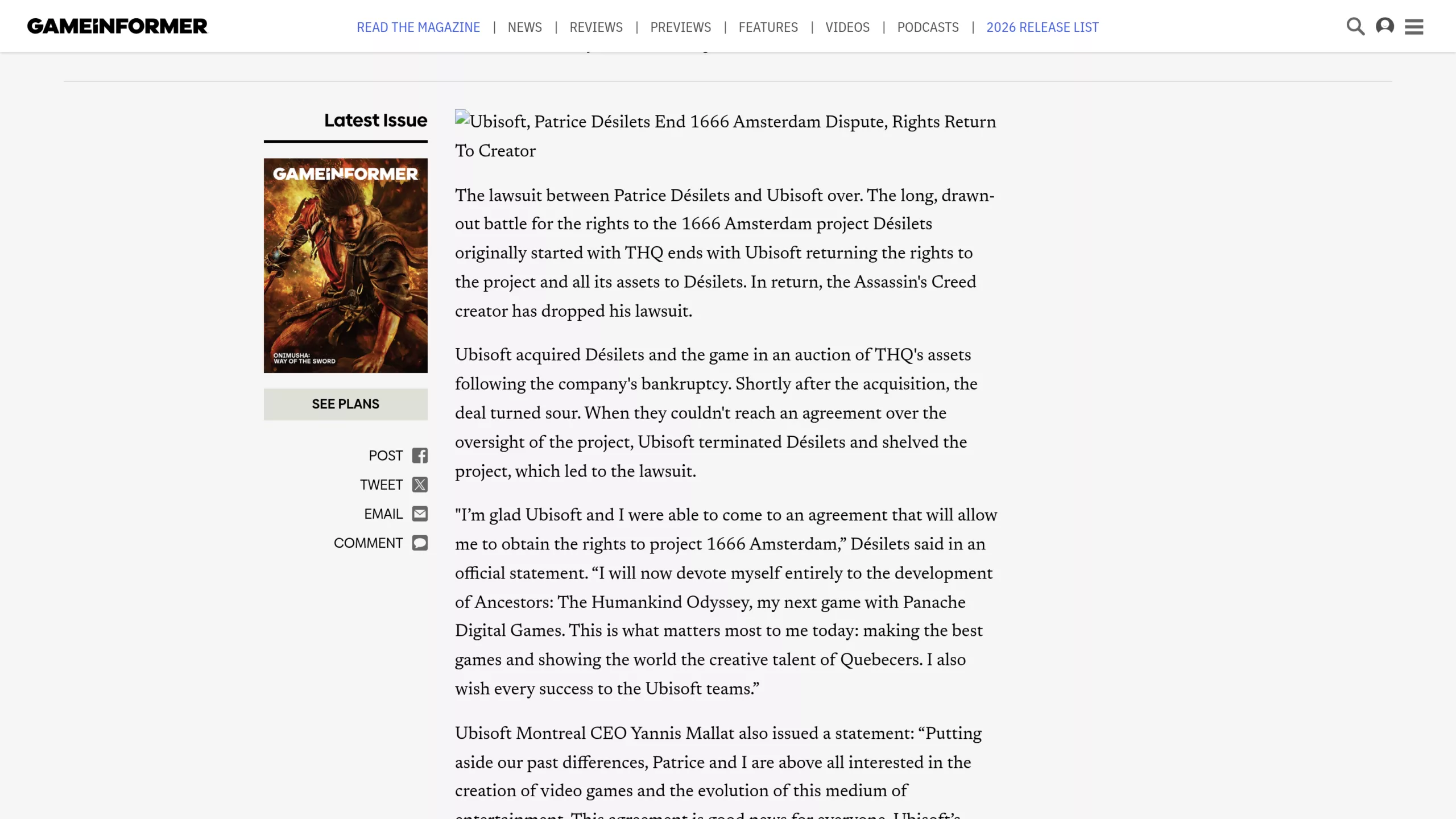 Article de Game Informer d'avril 2016 annonçant l'accord entre Ubisoft et Patrice Désilets sur 1666 Amsterdam