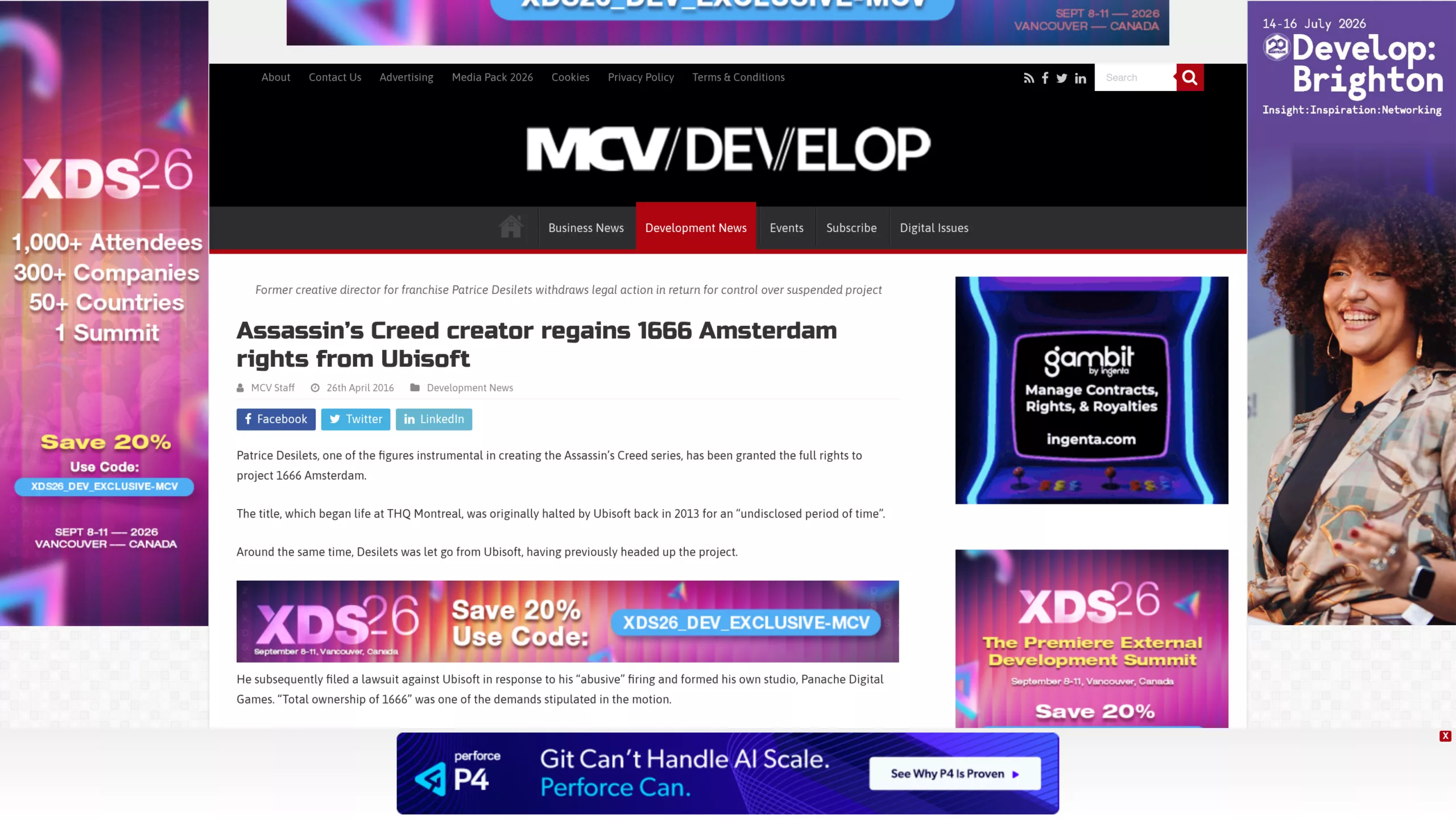 Article de MCV/DEVELOP du 26 avril 2016 racontant le litige entre Patrice Désilets et Ubisoft autour de 1666 Amsterdam