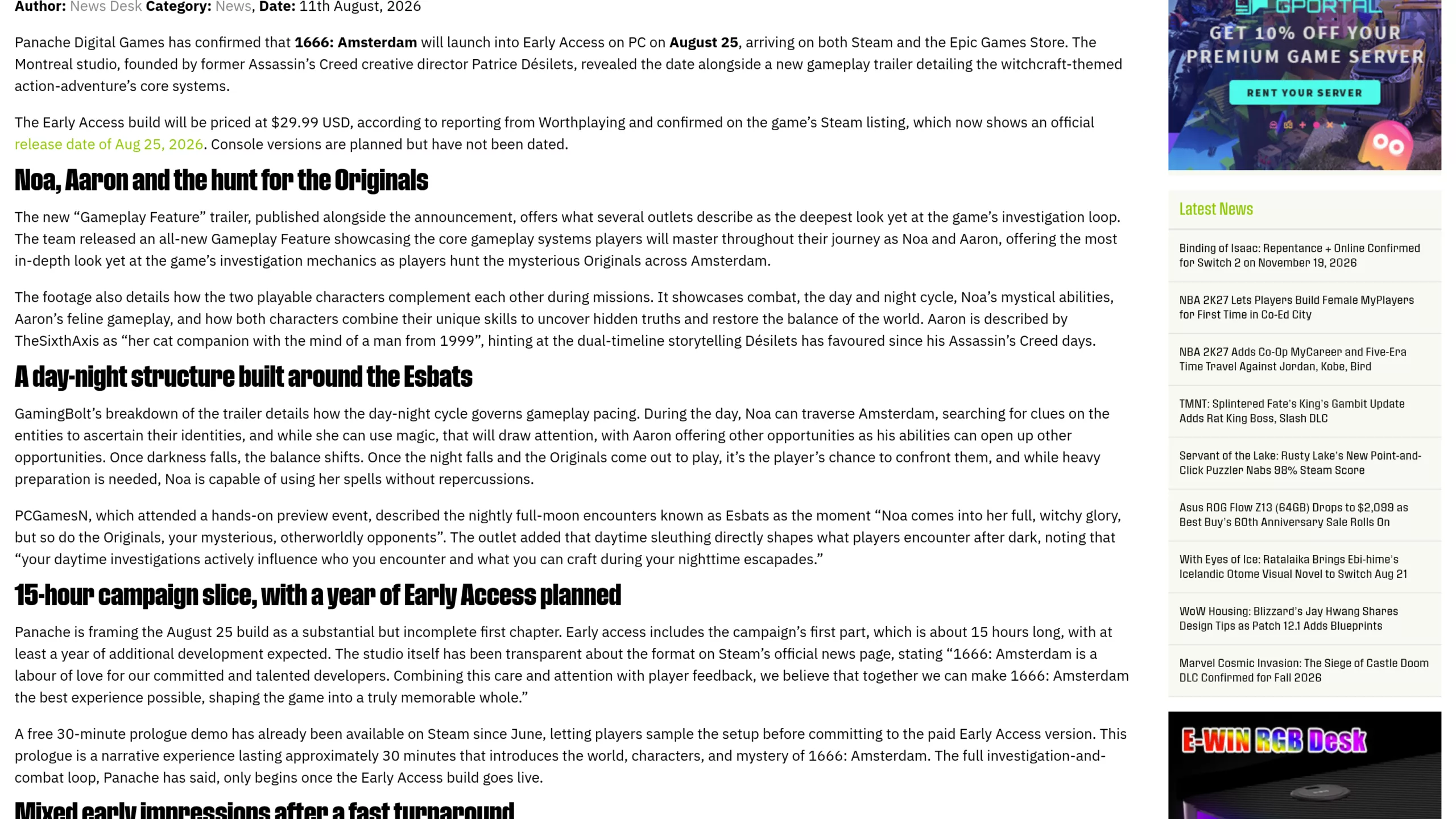 Article de GamesReviews détaillant la structure de jeu, le cycle jour/nuit et les Esbats de 1666 Amsterdam
