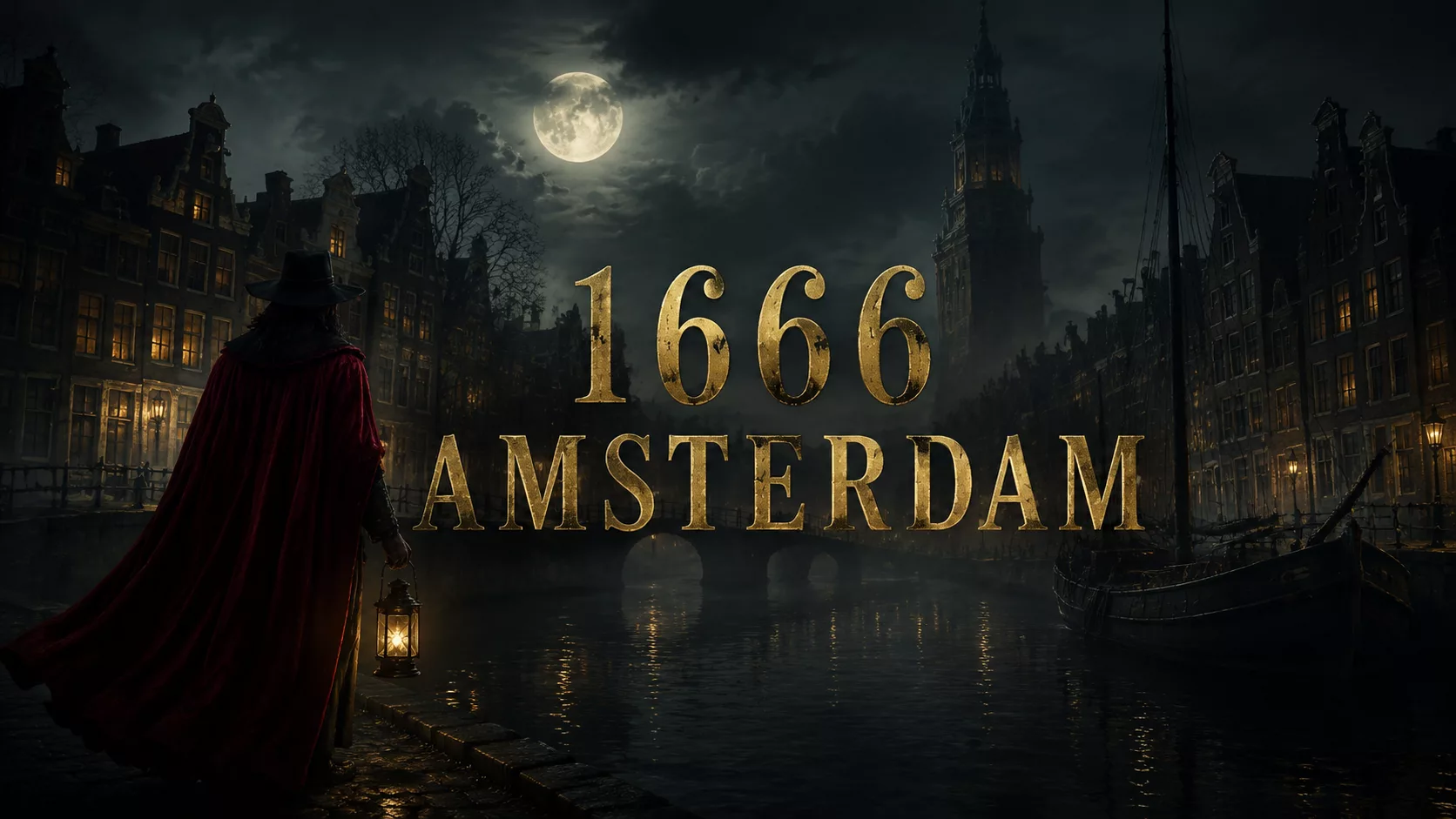 1666 Amsterdam, une silhouette en cape rouge devant un canal d'Amsterdam la nuit