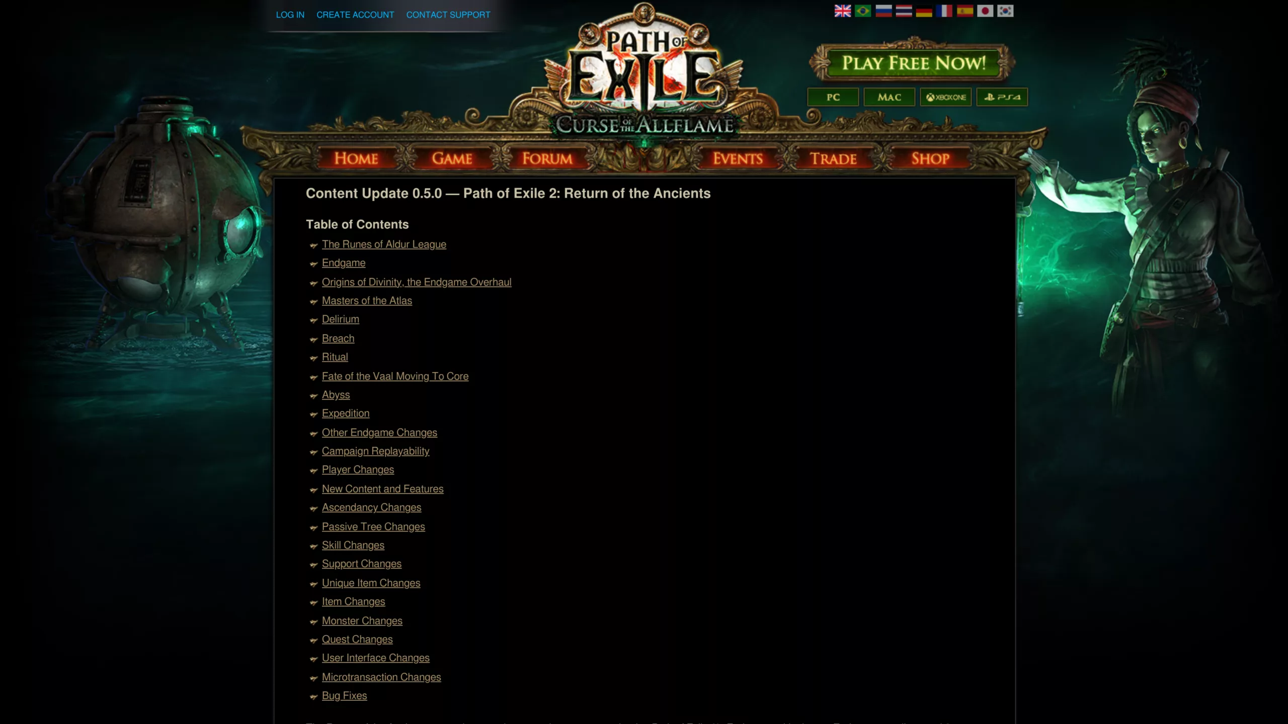 Page officielle de Grinding Gear Games annonçant la mise à jour 0.5.0 de Path of Exile 2, Return of the Ancients, avec le sommaire complet des changements