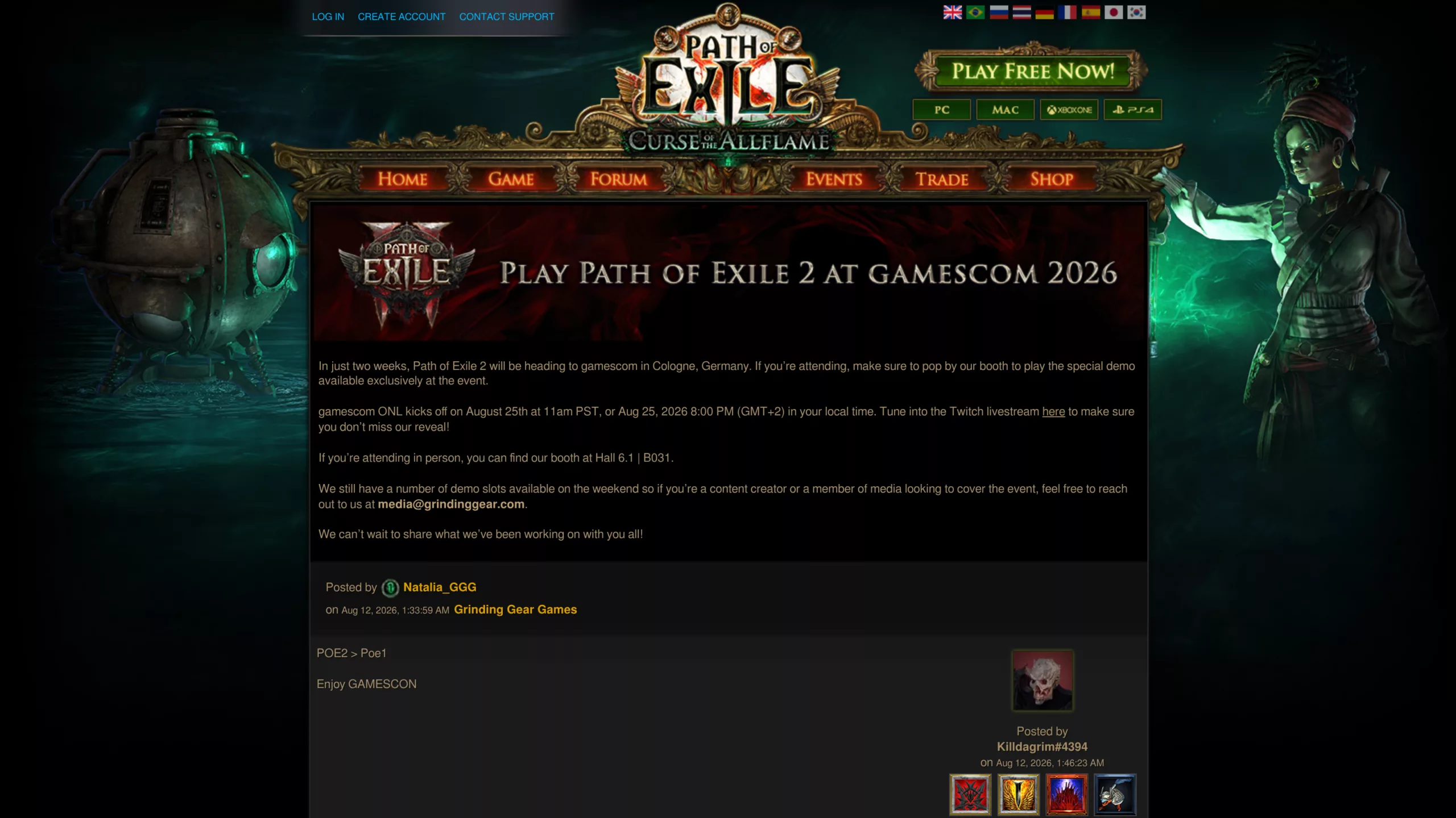 Message officiel de Grinding Gear Games sur son forum, annonçant la présence de Path of Exile 2 à la gamescom 2026