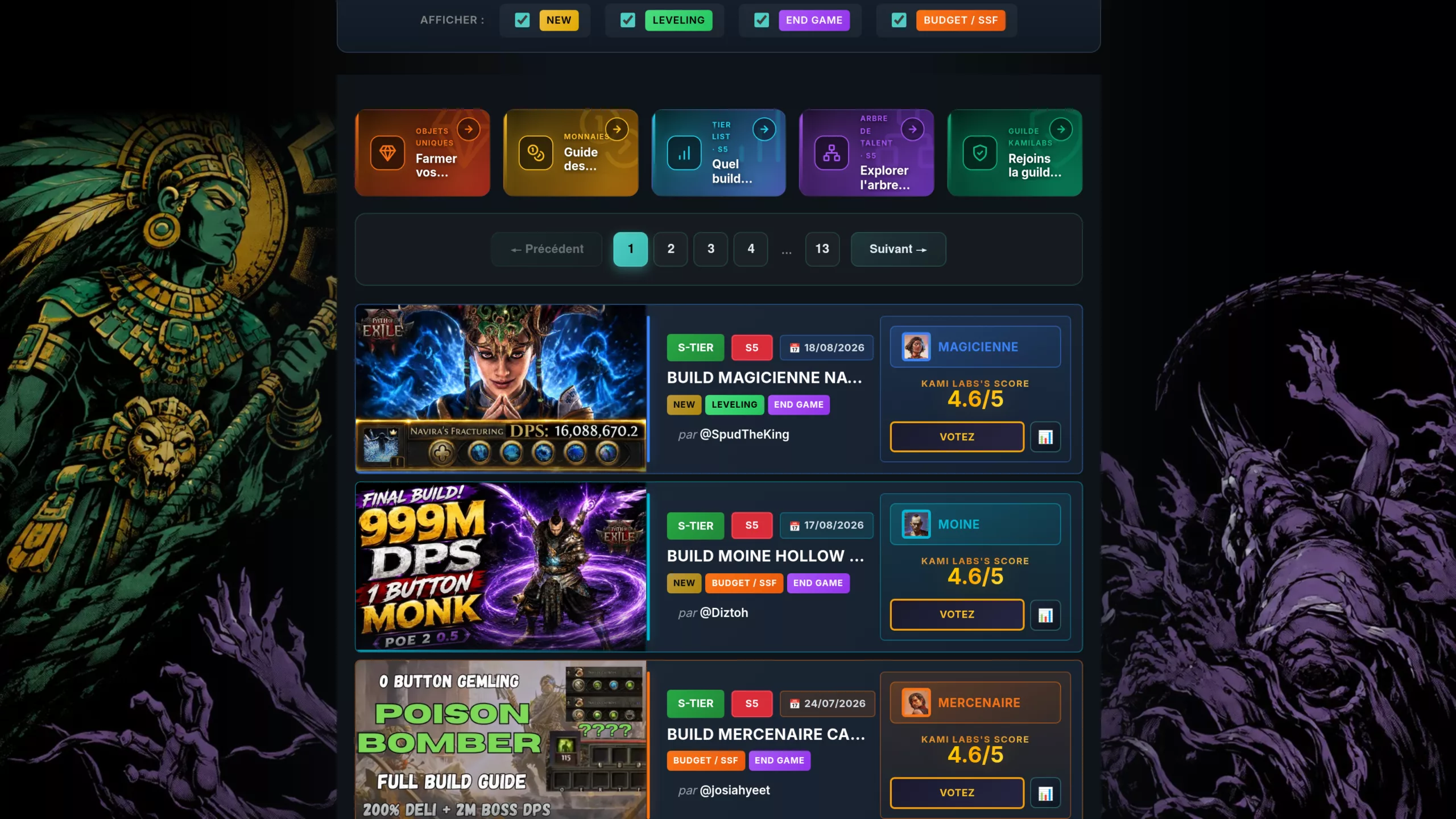 Hub des builds Path of Exile 2 de Kami Labs, avec les cartes de builds classées par tier, leurs scores et les filtres par type de contenu