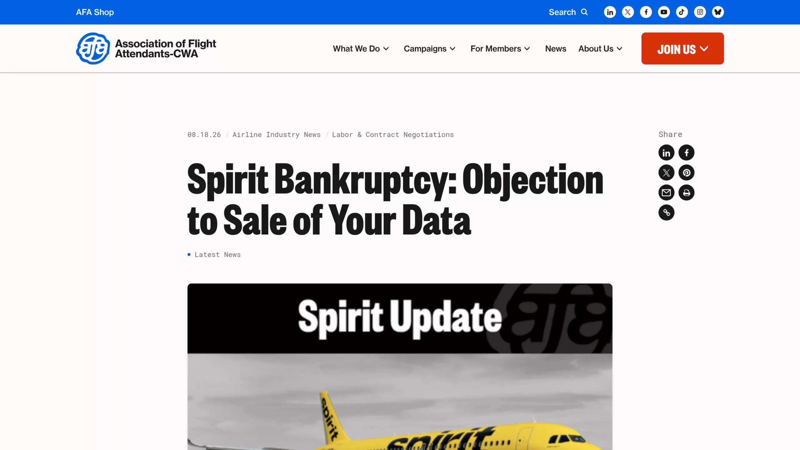Communiqué de l'AFA-CWA du 18 août 2026 annonçant l'objection déposée au tribunal des faillites contre la vente des données de Spirit Airlines à Google