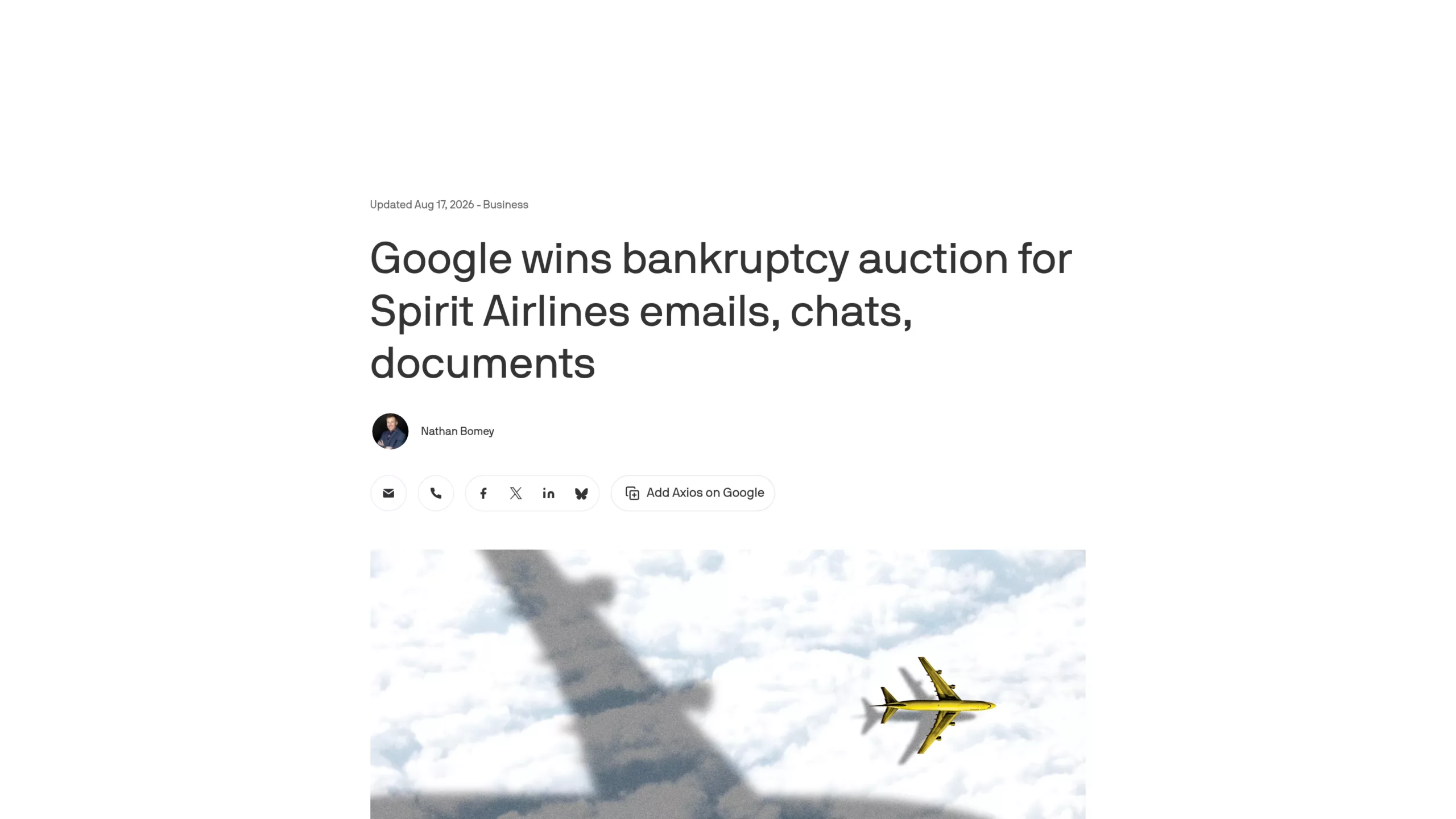 Capture de l'article d'Axios annonçant que Google remporte l'enchère sur les données de Spirit Airlines