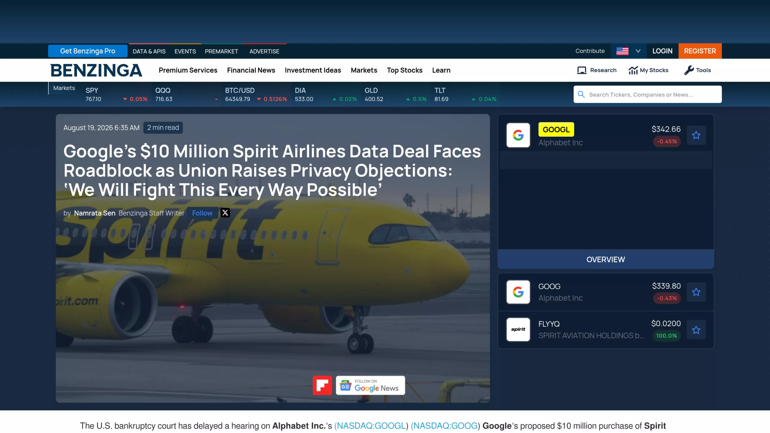 Capture de l'article de Benzinga du 19 août 2026 par Namrata Sen sur l'objection syndicale à la vente de données Spirit Airlines à Google
