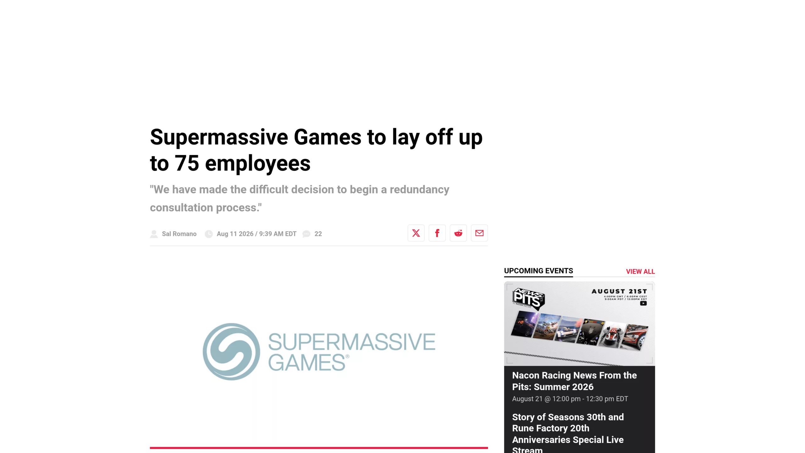 Capture d'écran de l'article Gematsu du 11 août 2026 signé Sal Romano, titré Supermassive Games to lay off up to 75 employees, avec le logo du studio