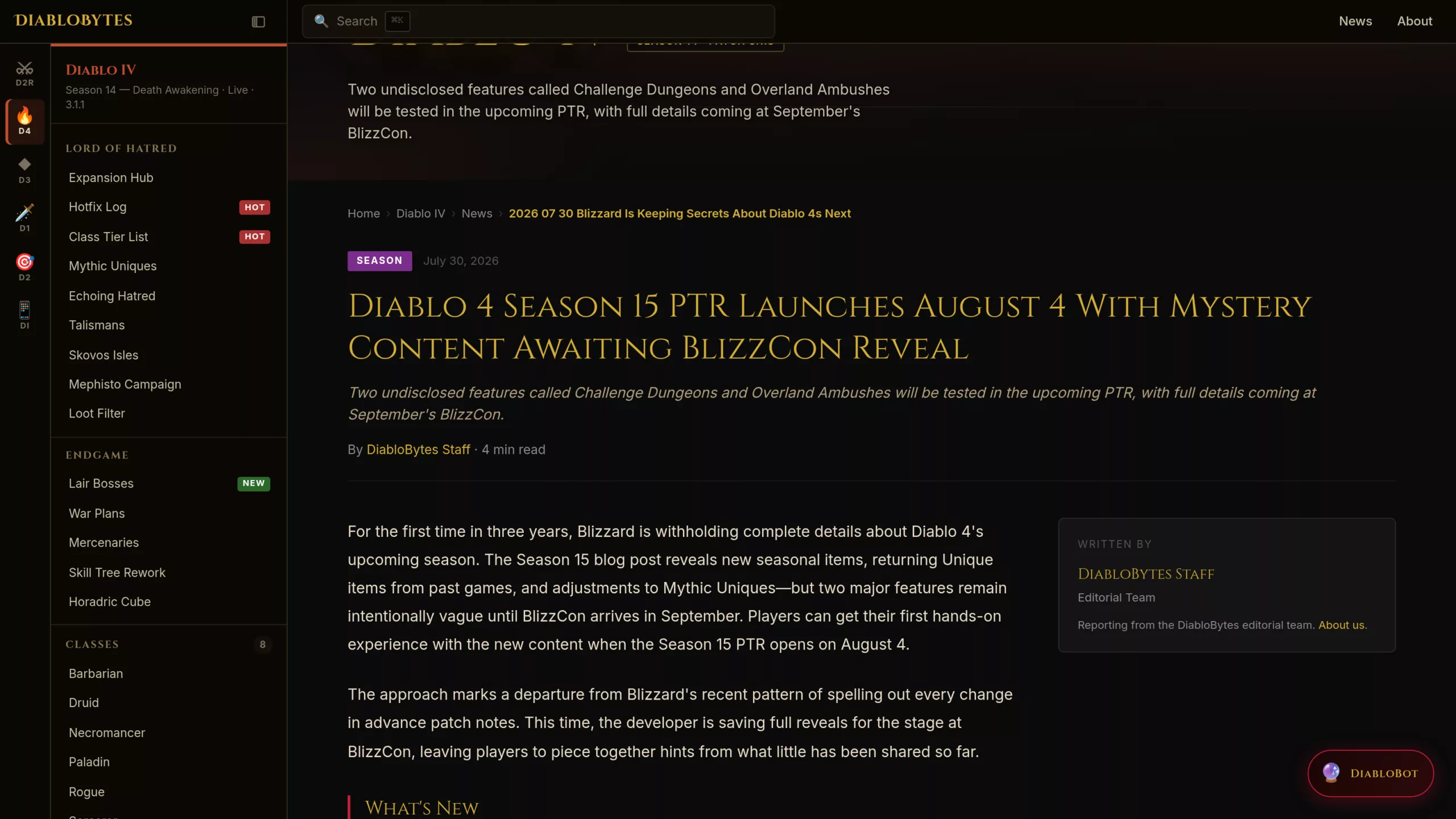 Capture de l'article DiabloBytes du 30 juillet 2026 annonçant le PTR 3.2.0 de Diablo 4 et le mystère autour des Donjons de défi et des Embuscades avant la BlizzCon