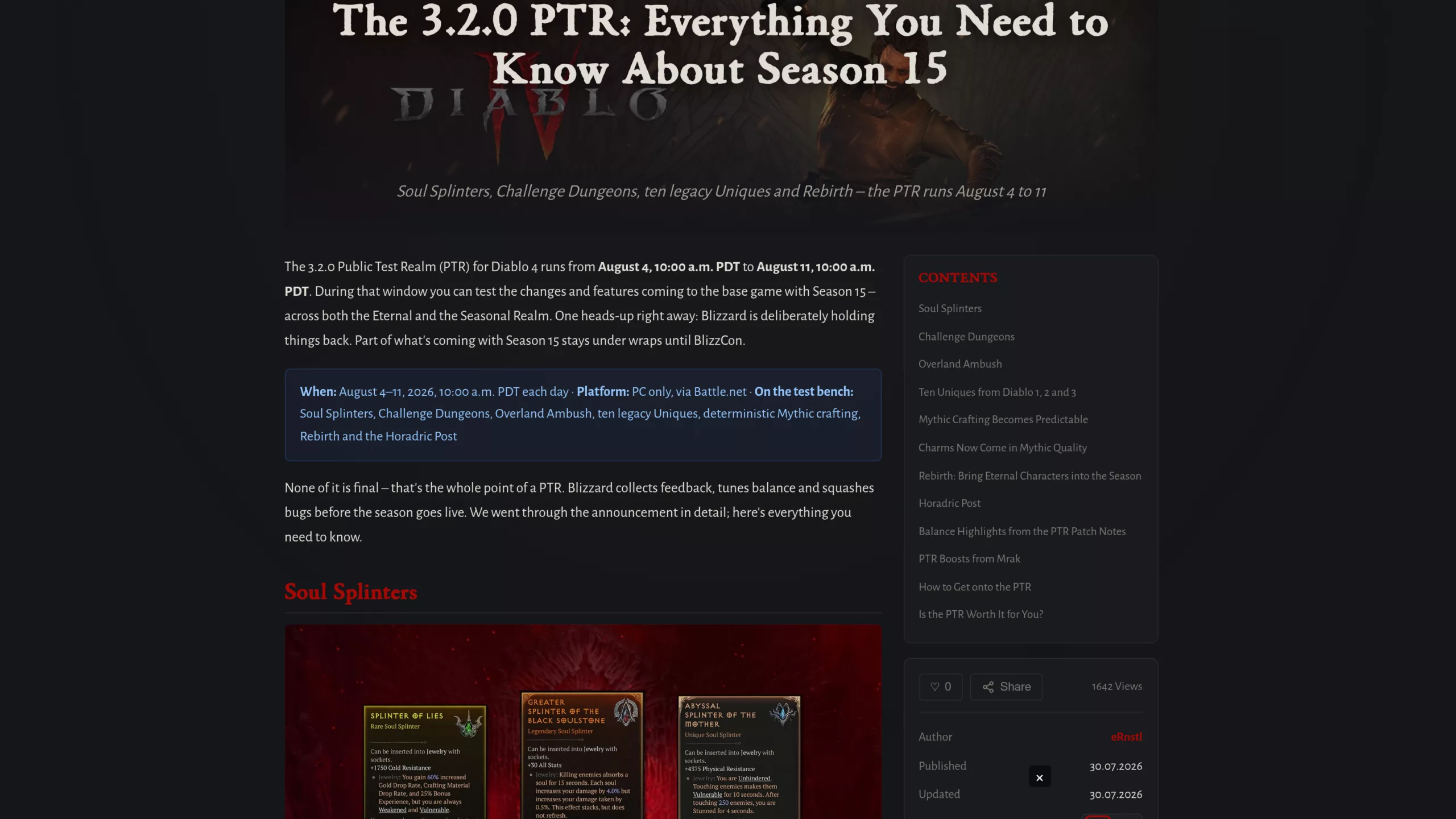 Sommaire du dossier d4guides.gg sur le PTR 3.2.0 de Diablo 4, avec les dates du test et la liste des nouveautés de la Saison 15.