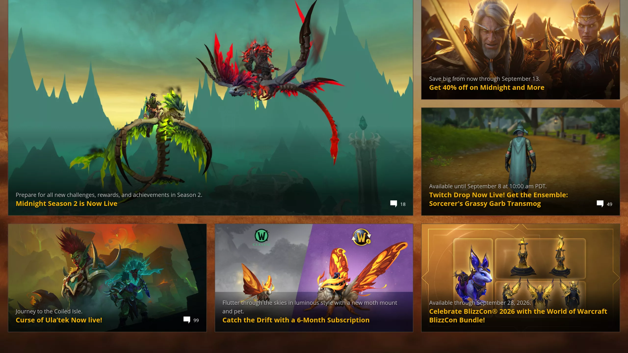 Capture du site officiel de World of Warcraft le 20 août 2026, montrant Midnight Season 2, le lot BlizzCon 2026 et la promotion sur Midnight