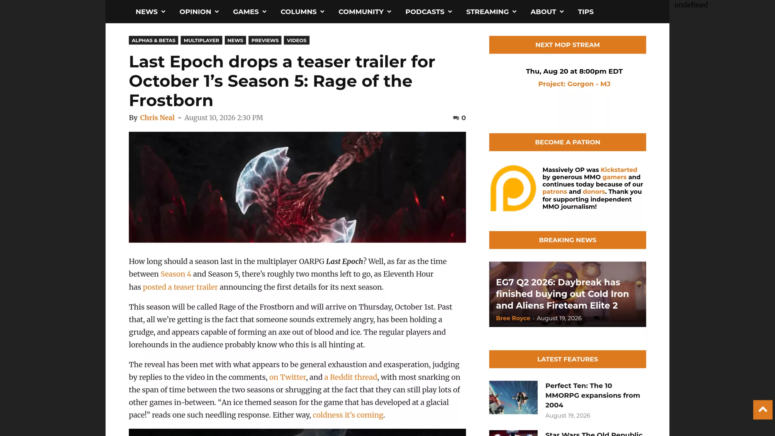 Capture de l'article de MassivelyOP sur la saison 5 de Last Epoch, Rage of the Frostborn