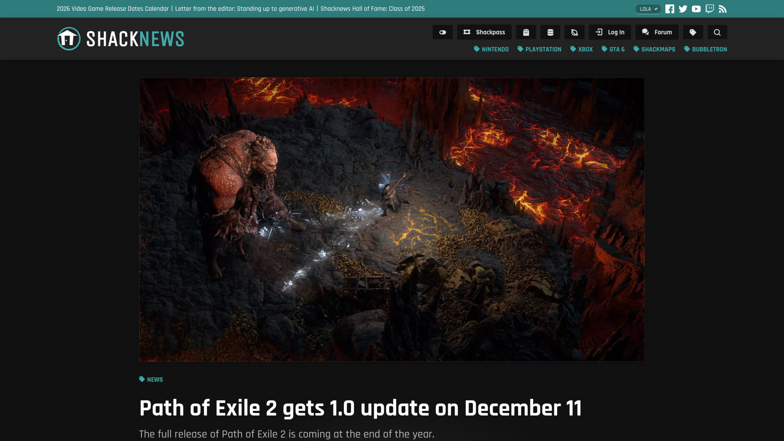 Shacknews article announcing Path of Exile 2's 1.0 release on December 11