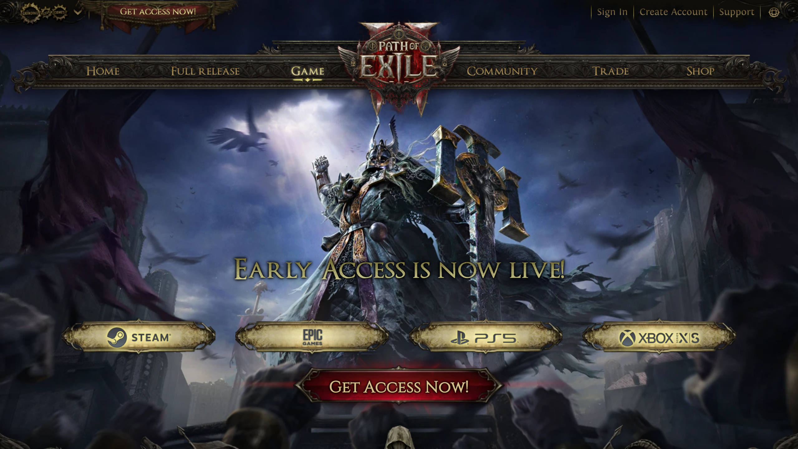 Official Path of Exile 2 site showing early access and the four platforms