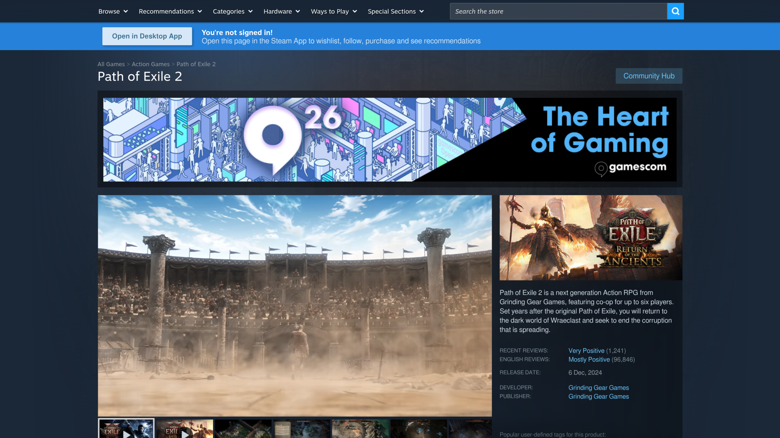 Path of Exile 2's Steam page showing the early access date and reviews