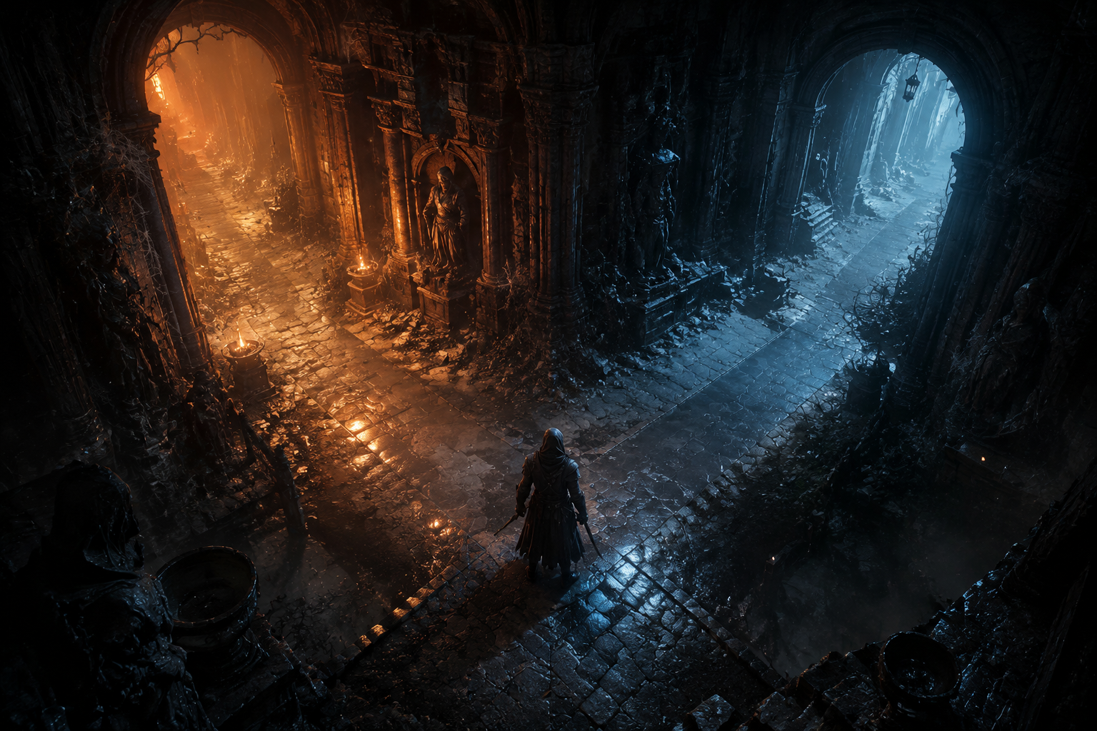 An Exile facing two paths in a ruined hall in Path of Exile 2