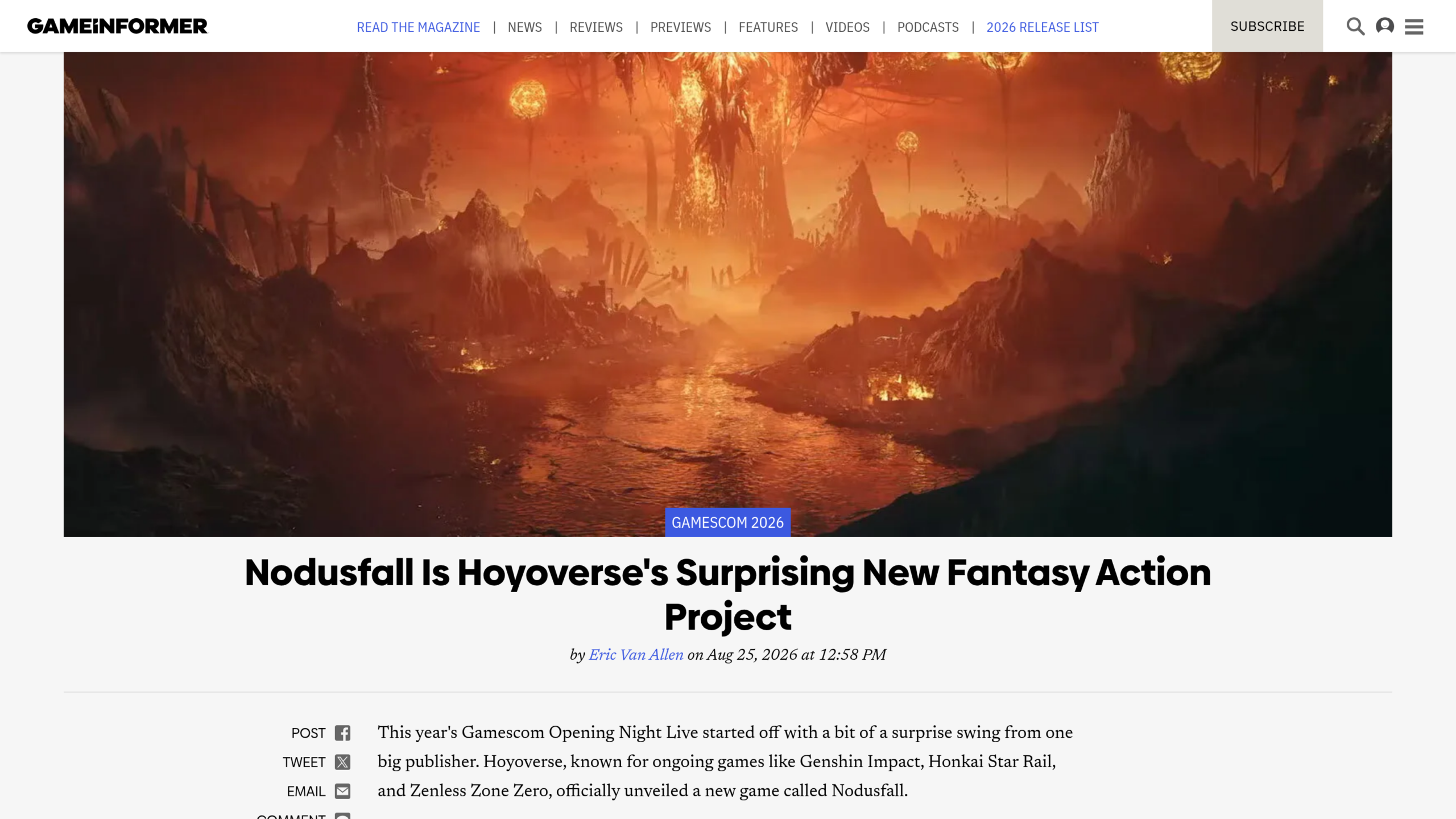 Article Game Informer sur Nodusfall avec un paysage volcanique du jeu