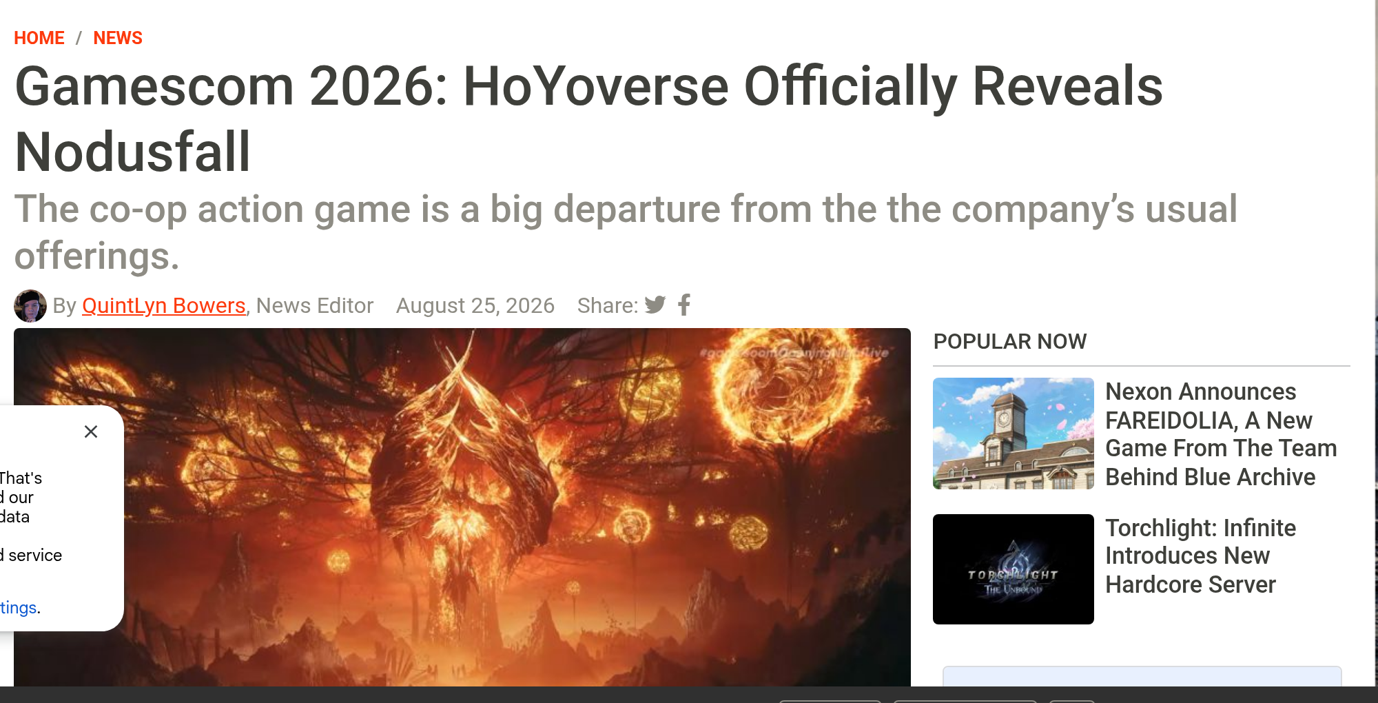 Article MMOBomb annoncant la revelation officielle de Nodusfall a la gamescom 2026