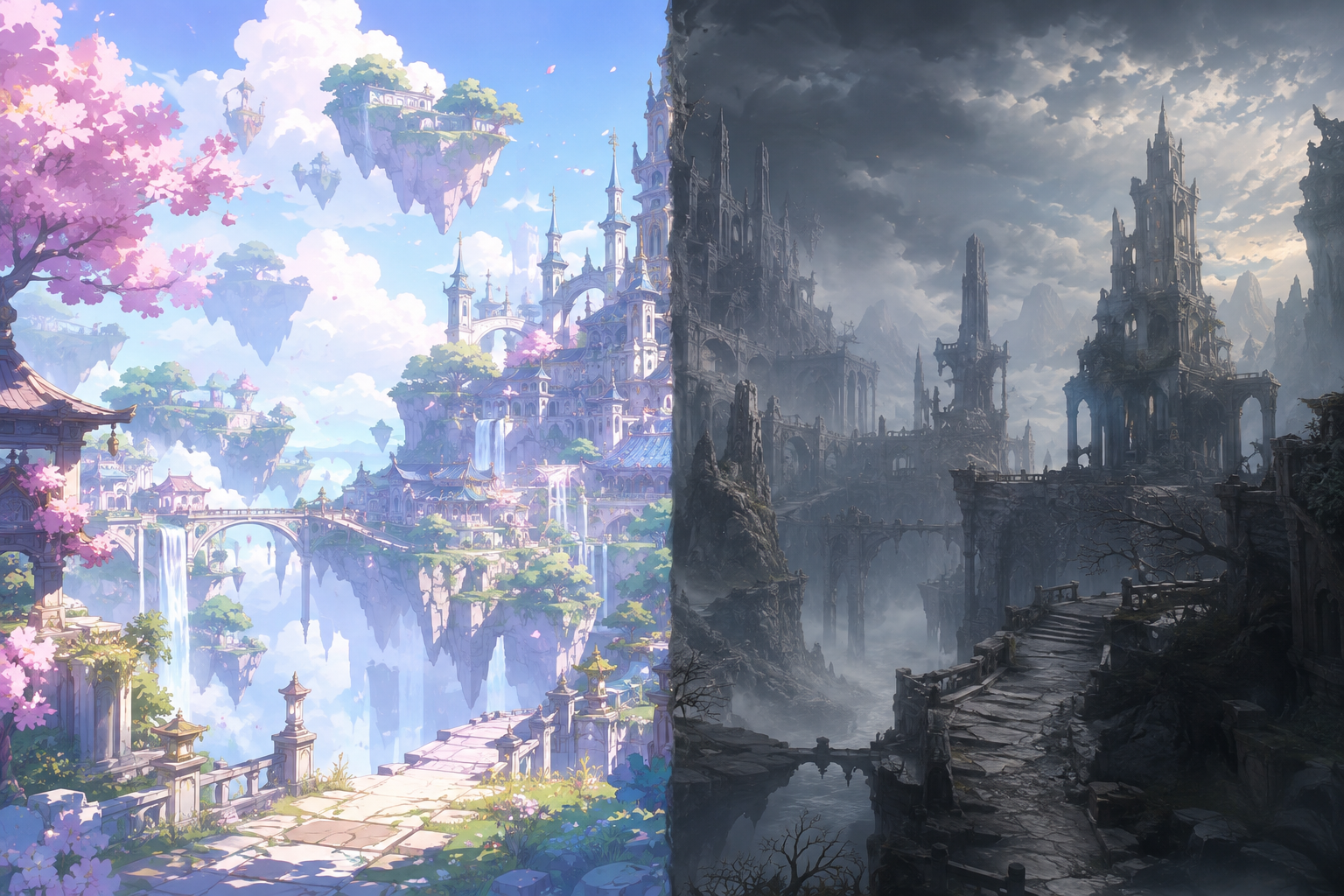 Two halves of the same landscape, one in colorful anime style, the other in realistic dark fantasy