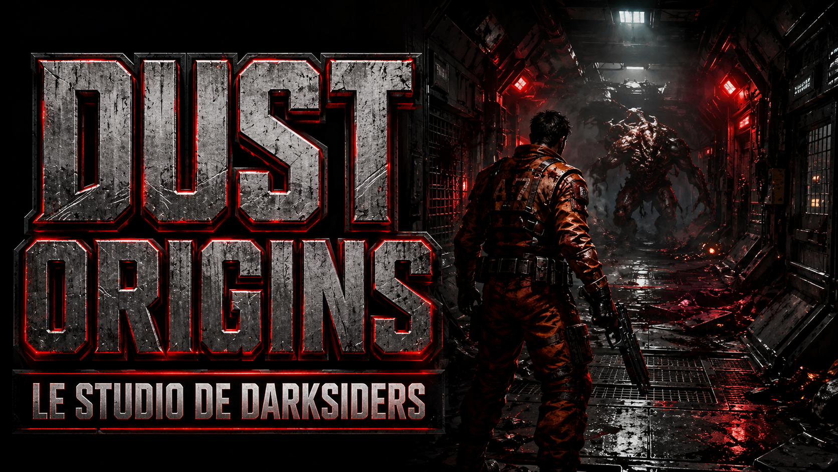 Dust Origins : un prisonnier arme face a une creature dans un couloir de station orbitale