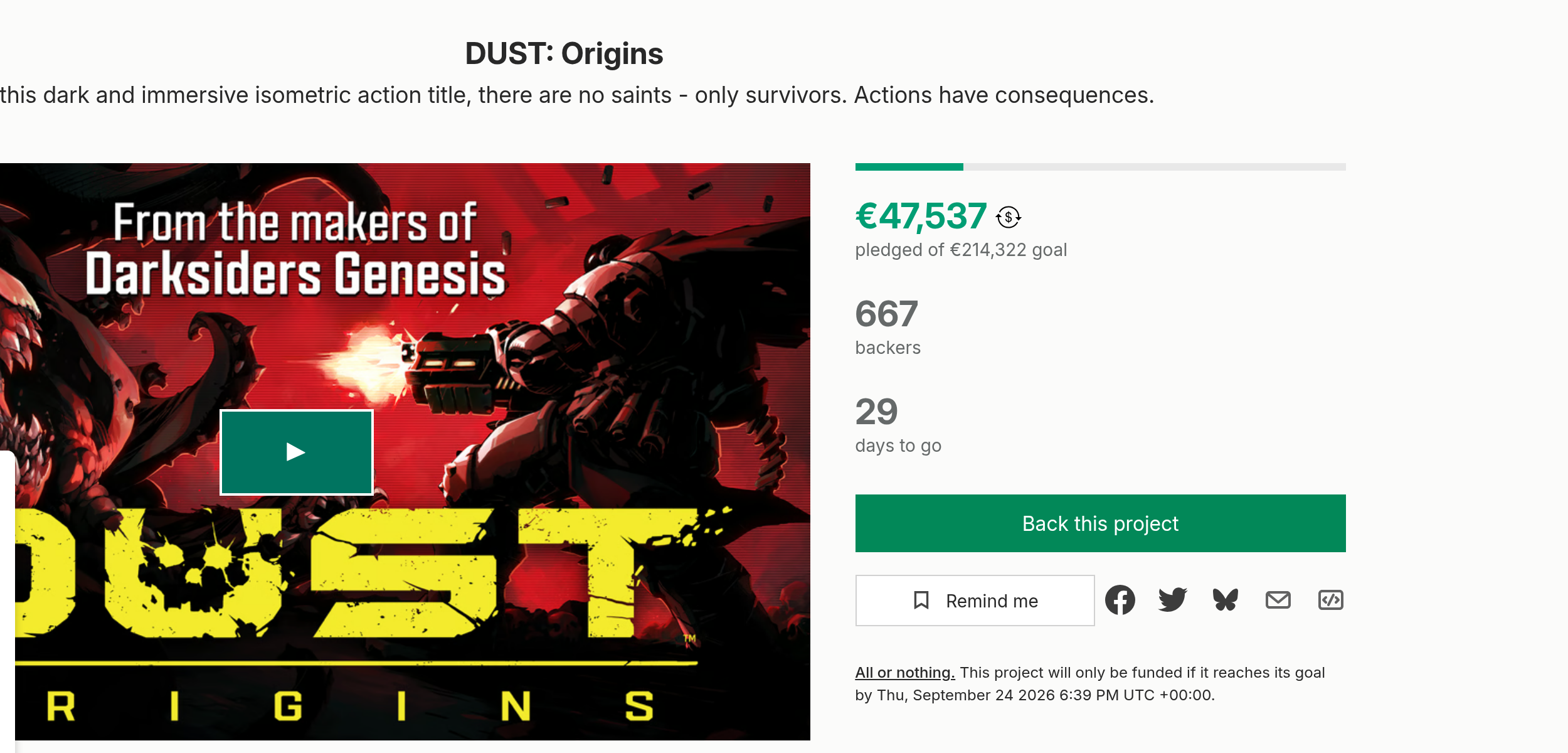 Page Kickstarter de Dust Origins avec le montant recolte et le nombre de contributeurs