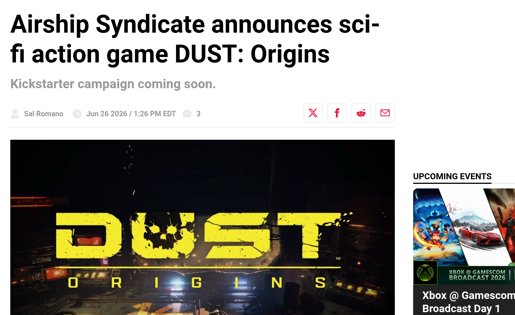 Article Gematsu du 26 juin 2026 annoncant Dust Origins par Airship Syndicate