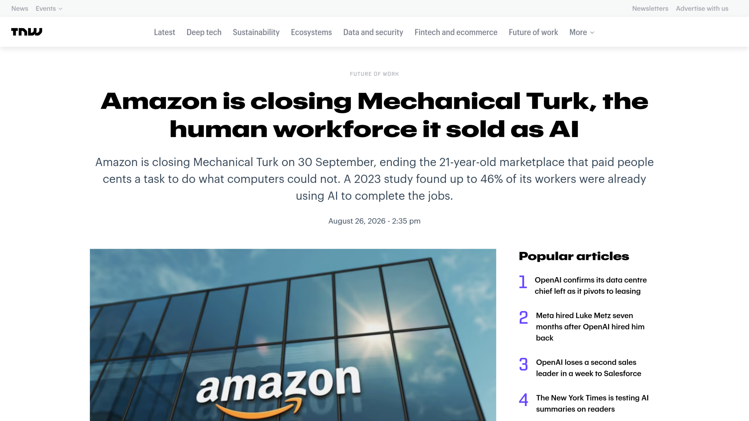 Le titre de The Next Web sur la fermeture de Mechanical Turk, avec le chiffre de 46 % dans le chapô