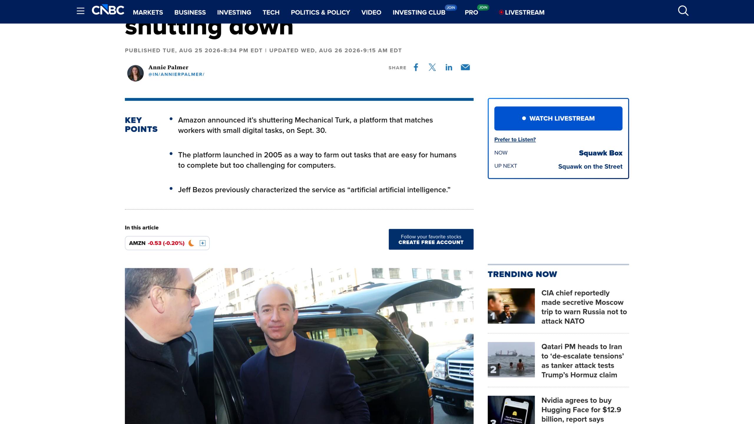 L'article de CNBC et ses trois points clés sur la fermeture de la plateforme, avec une photo de Jeff Bezos