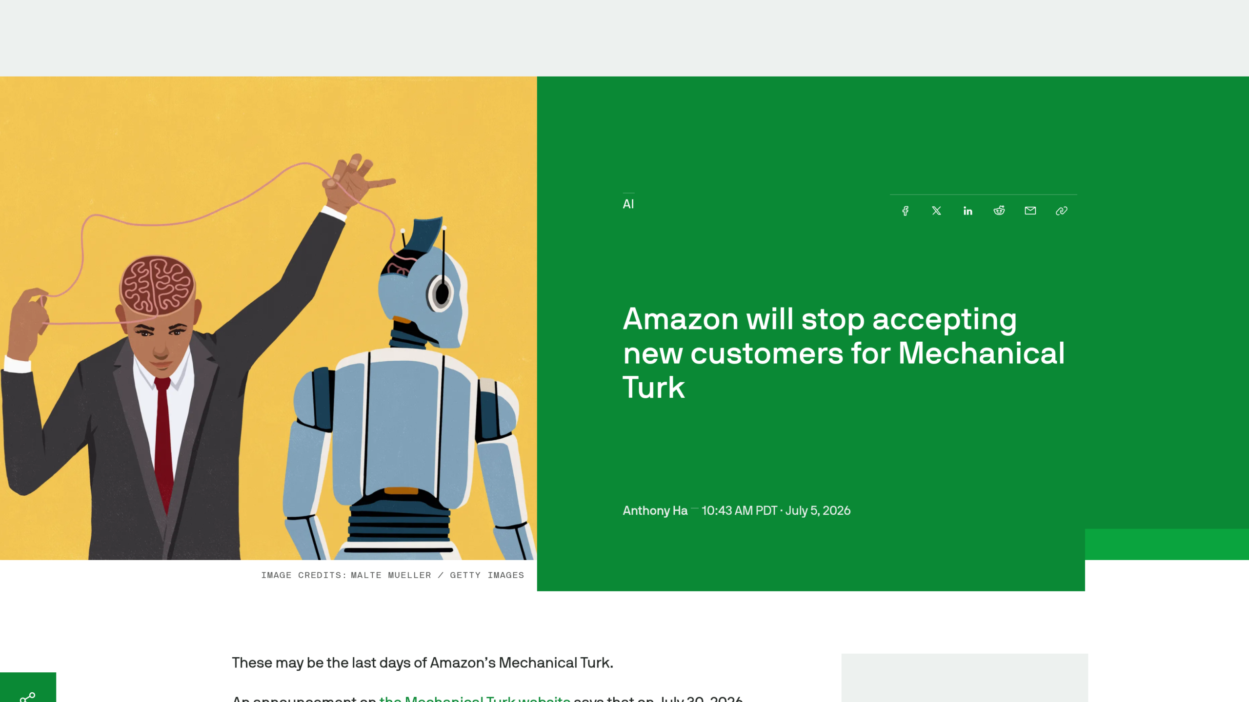 L'article de TechCrunch de juillet, illustré par un homme qui branche un câble depuis son cerveau vers un robot
