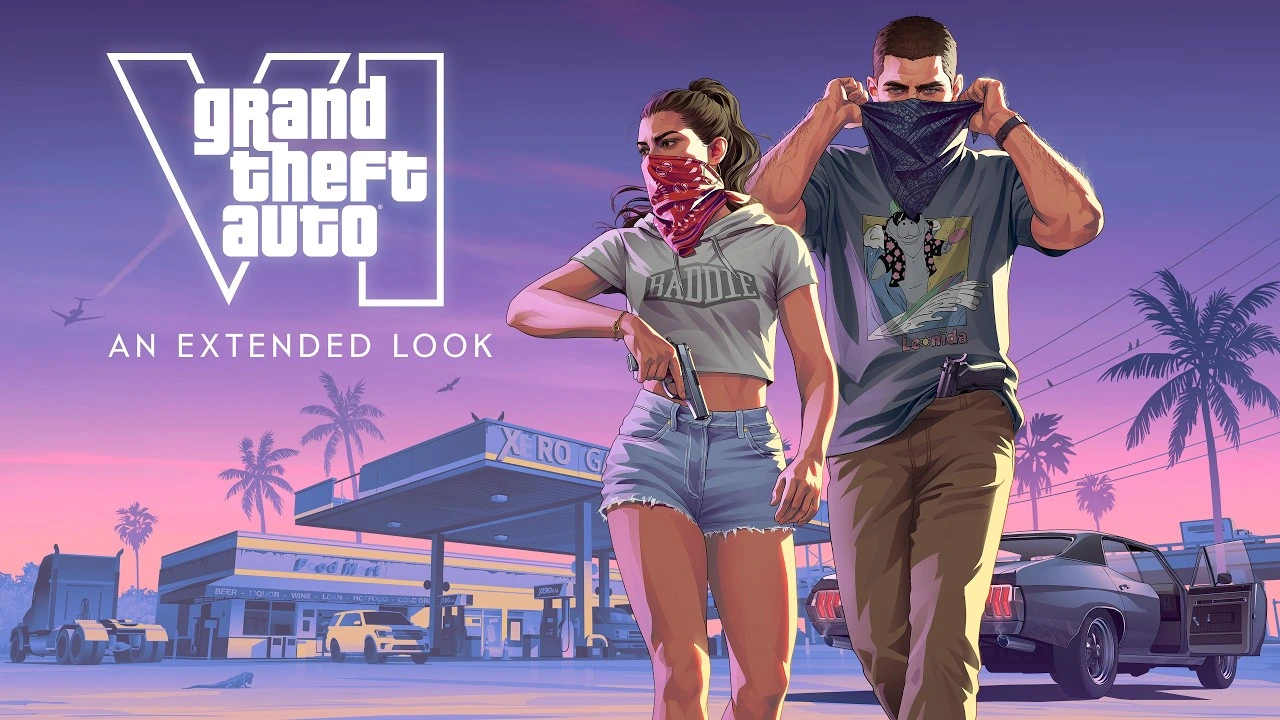 Lucia et Jason masqués devant une station-service au coucher du soleil, sous le logo Grand Theft Auto VI