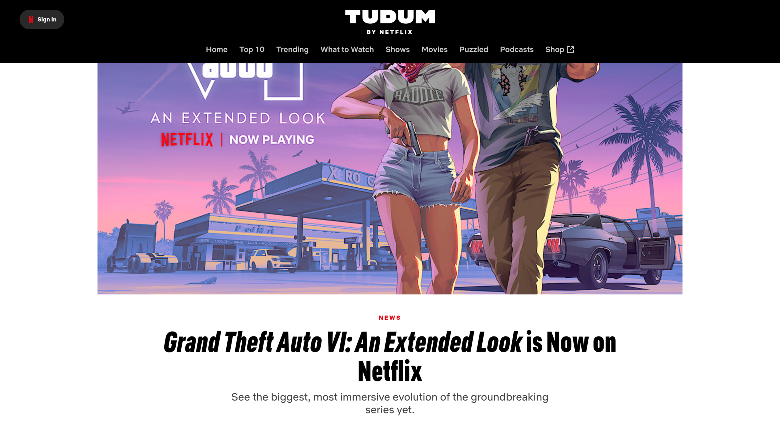 La page Tudum de Netflix annonçant la diffusion, avec la mention Netflix Now Playing sur l'illustration